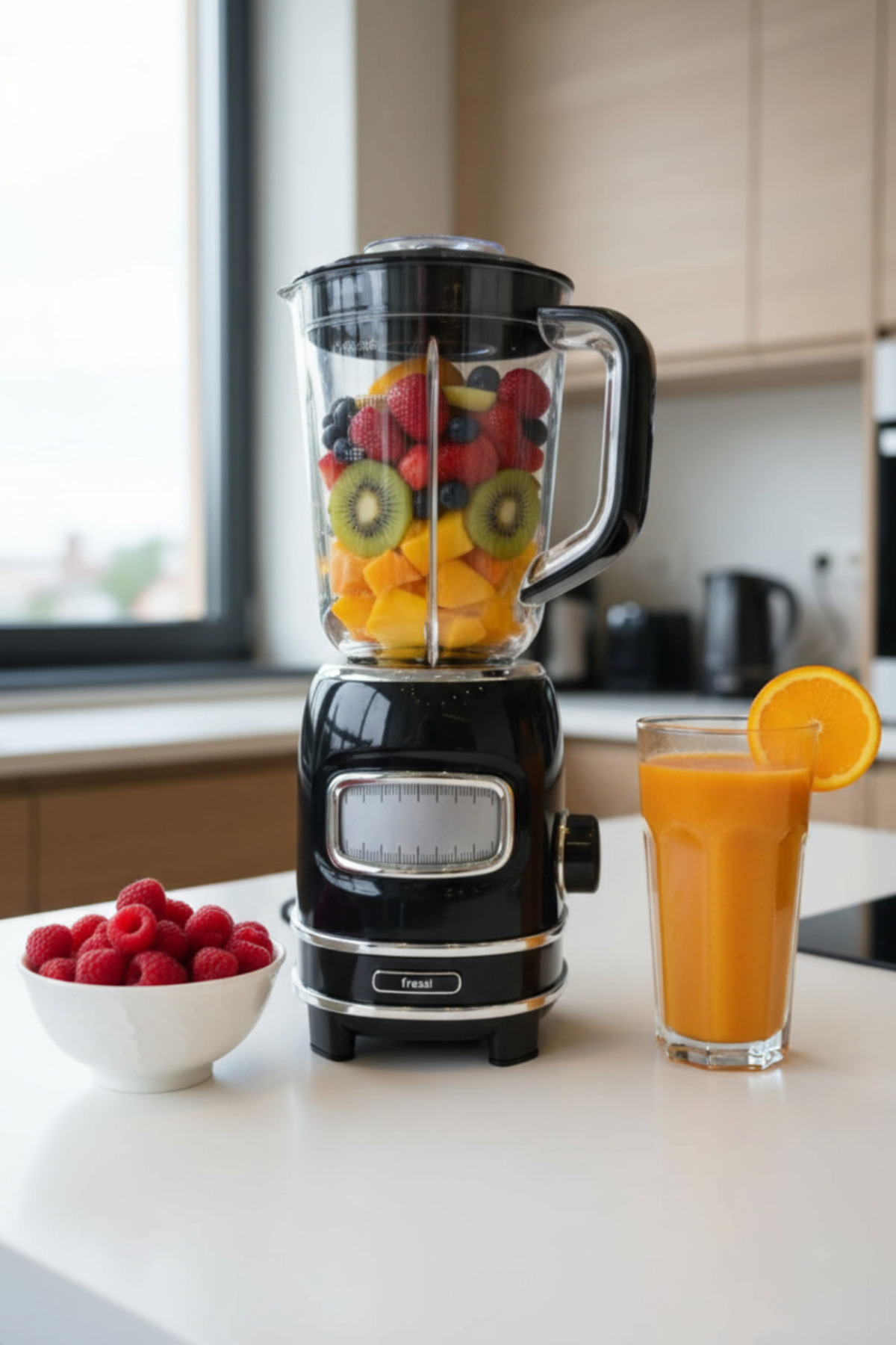 Meyve dolu siyah blender, yanında bir bardak meyve suyu.
