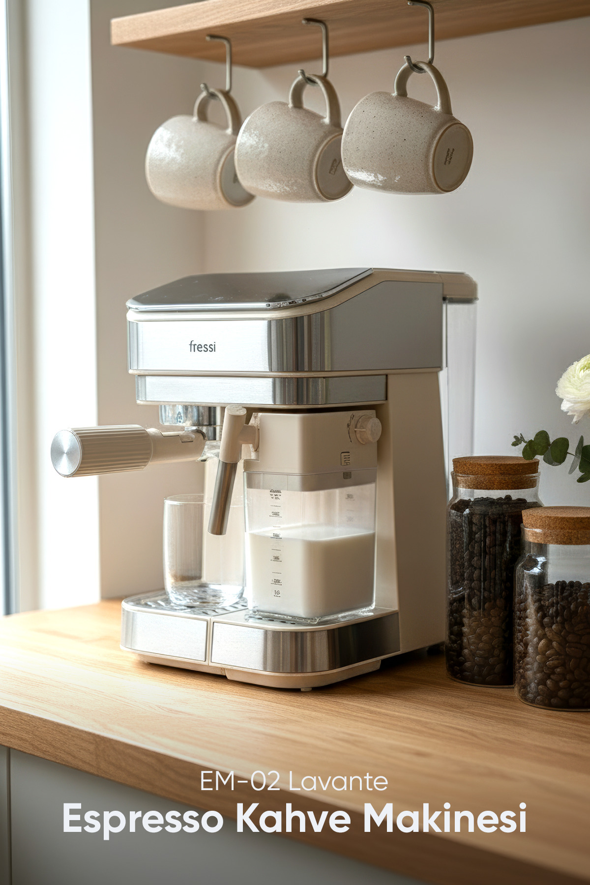 FRESSI EM-02 Lavante Espresso Latte Cappuccino Otomatik Süt Tanklı 20  Bar Basınçlı Kahve Makinesi Krem