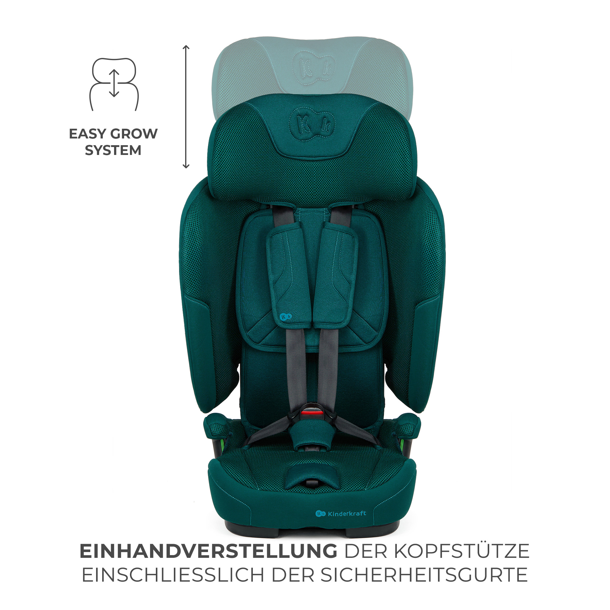 Dunkelgrüner Kindersitz mit verstellbarer Kopfstütze und Gurten.