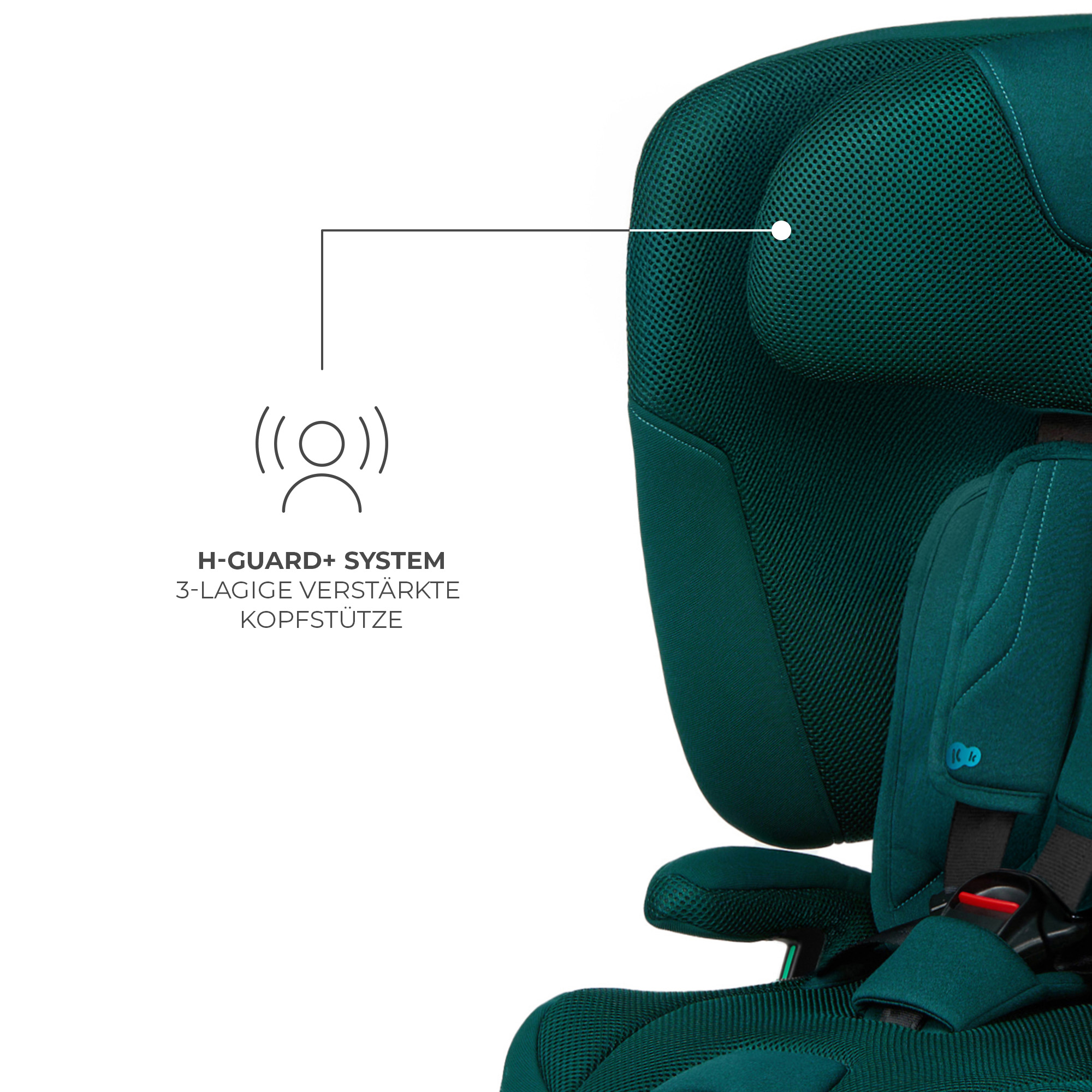 Ein Teil eines tiefgrünen Kindersitzes mit H-GUARD+ SYSTEM und 3-lagiger Kopfstütze.