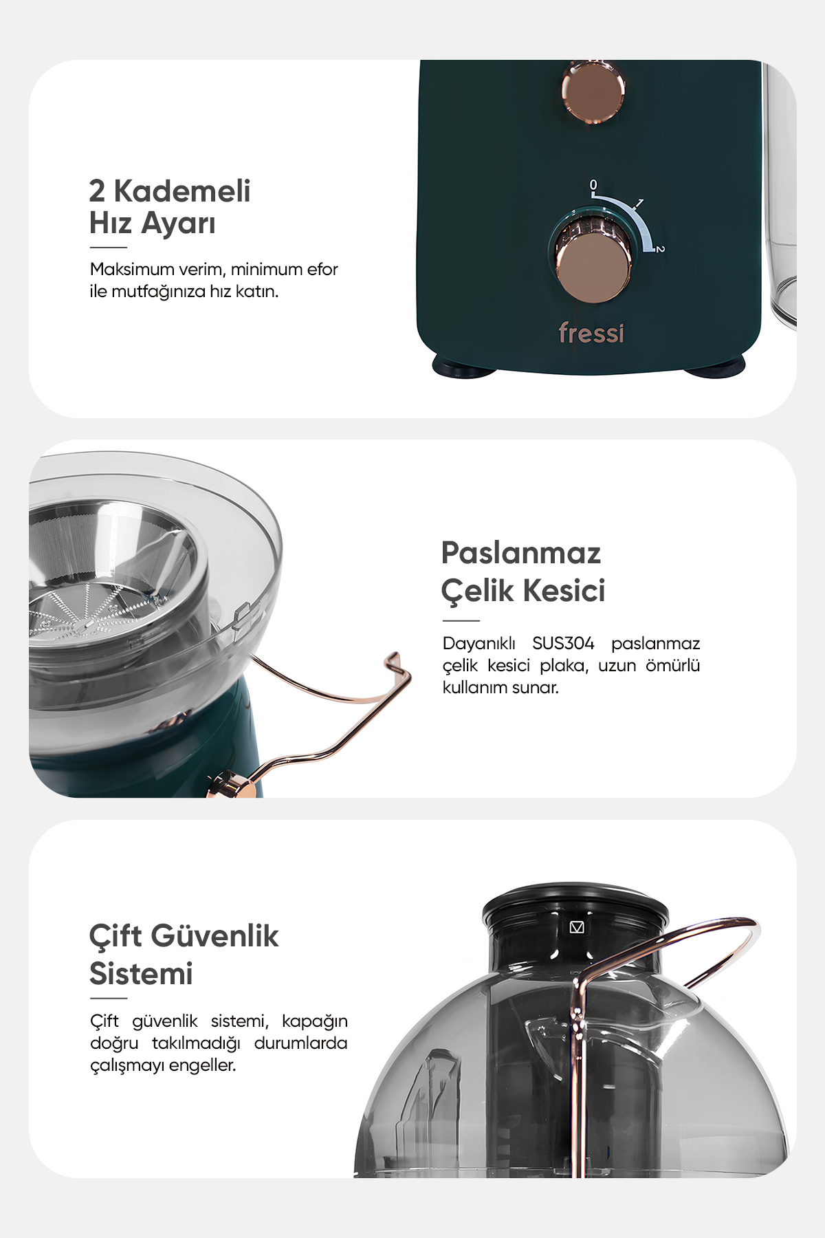 Koyu yeşil narenciye sıkacağı, gümüş ve bakır kontrol düğmeleri ve hız ayar düğmesi bulunur.