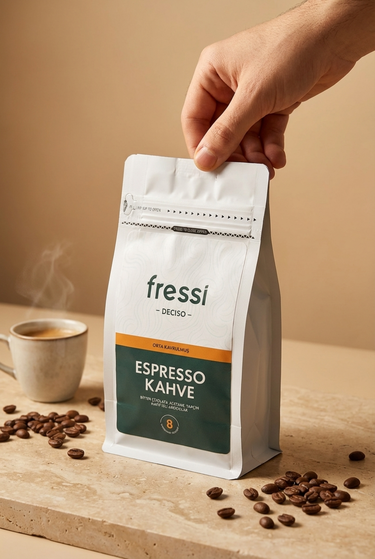 Bir el, bir fincan kahve ve kahve çekirdeklerinin yanında Fressi Espresso kahve paketi tutuyor.