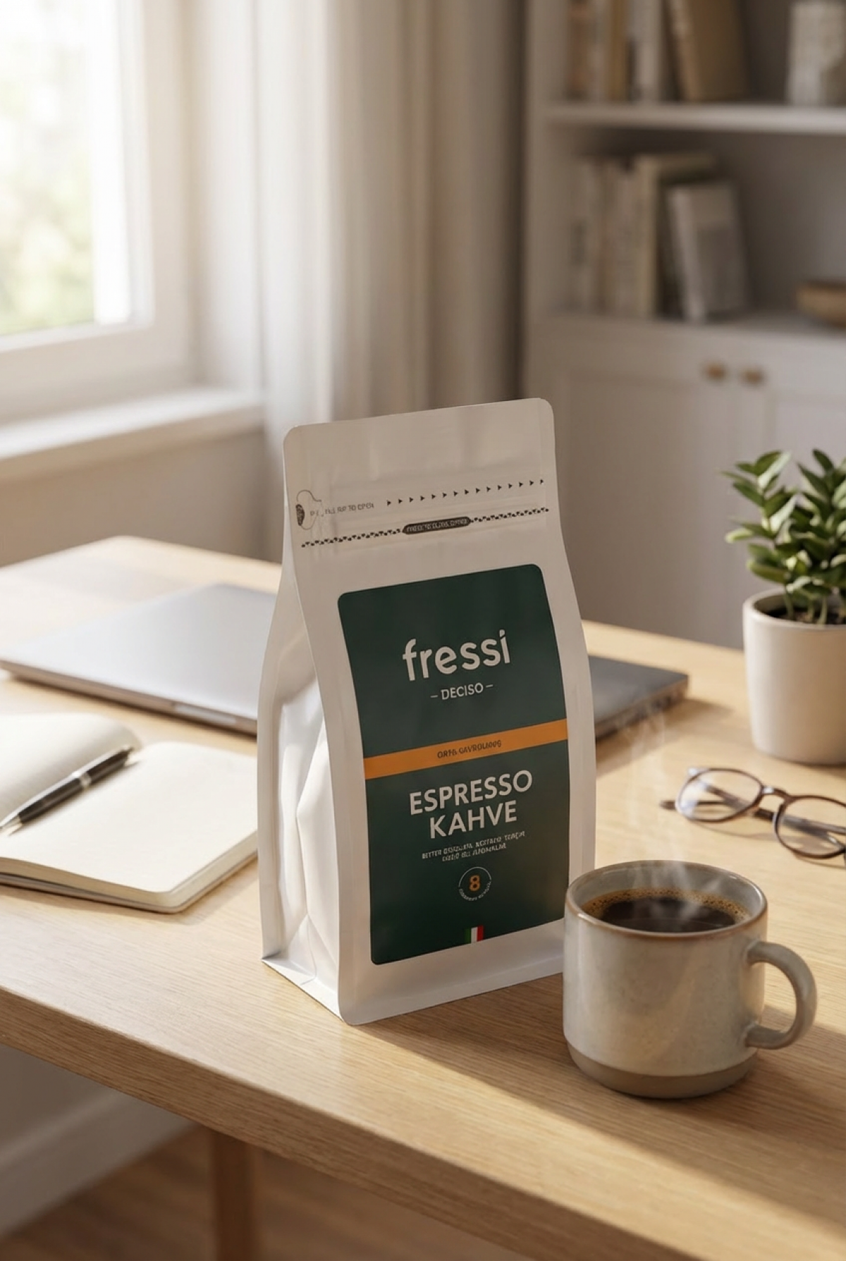 Bir Fressi Espresso Kahve paketi, masada buğulanan bir fincan kahvenin yanında duruyor.