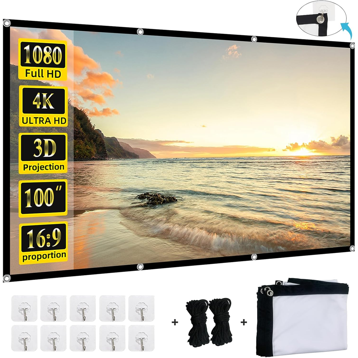 Leinwand mit Strandmotiv, Zubehör: Haken, Seile, zusammengelegte Leinwand.