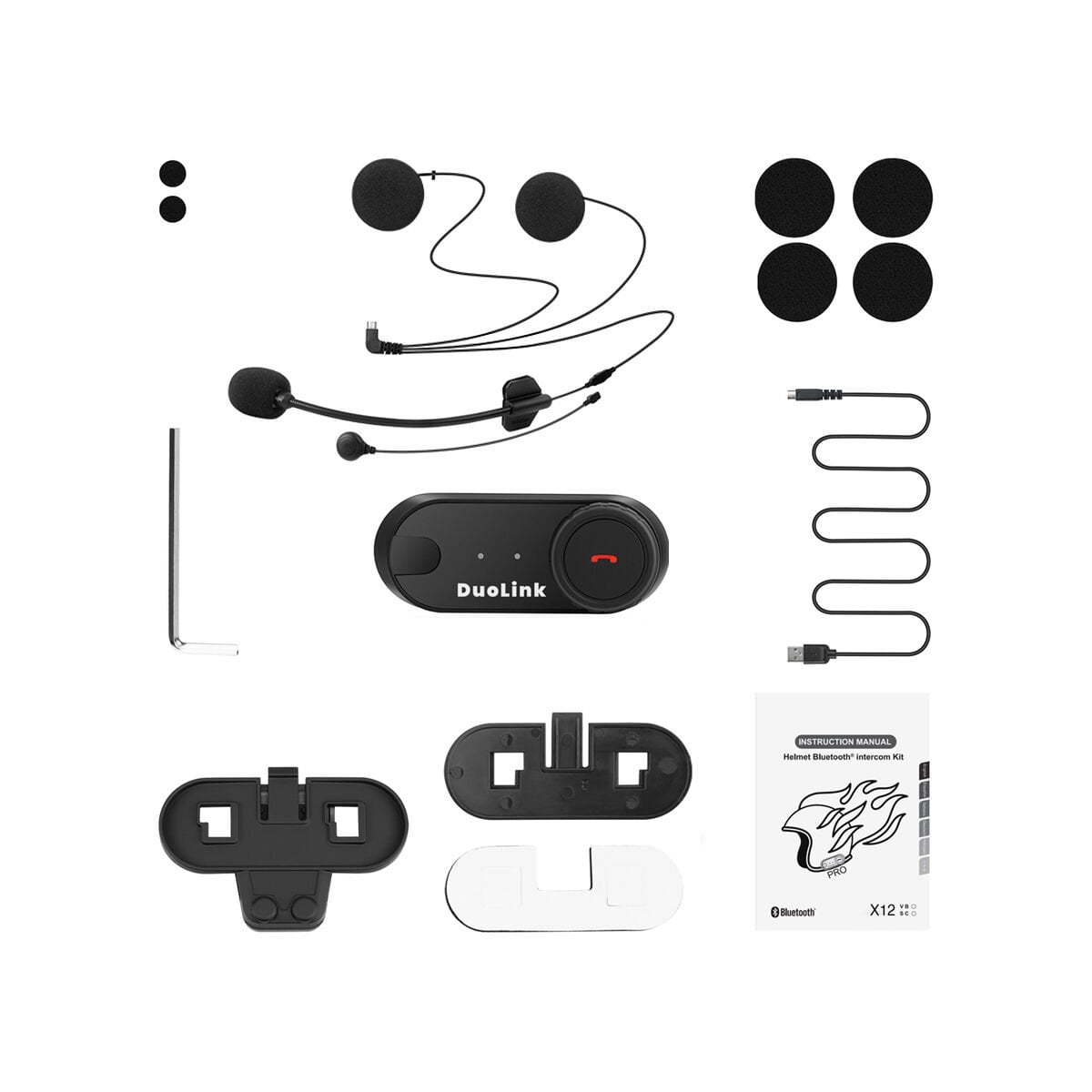 Kask Bluetooth interkom aksesuarları: kulaklıklar, kontrol ünitesi, kablolar, montaj parçaları, kılavuz.