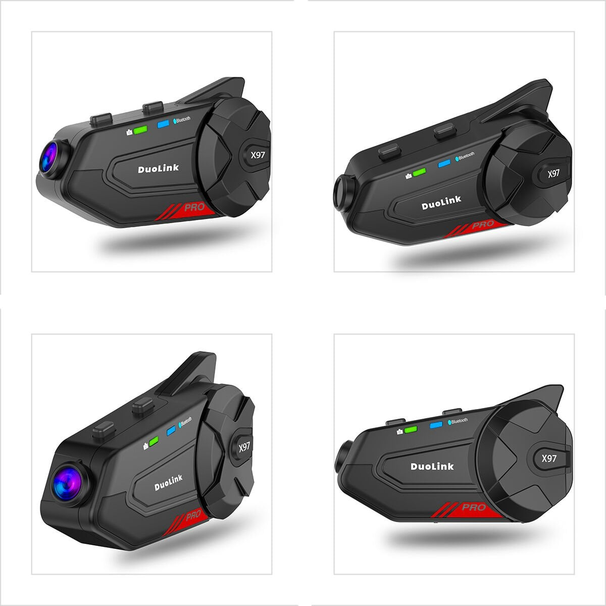 Mavi lensli ve kırmızı vurgulu siyah Bluetooth kask iletişim cihazı.