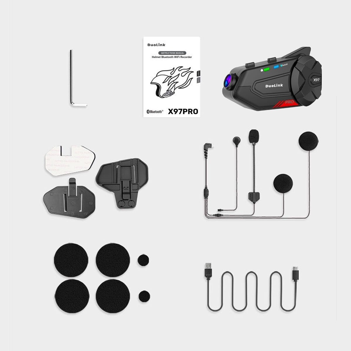 Motosiklet kaskı Bluetooth kaydedici, kılavuz, montaj parçaları, kulaklıklar ve USB kablosu.