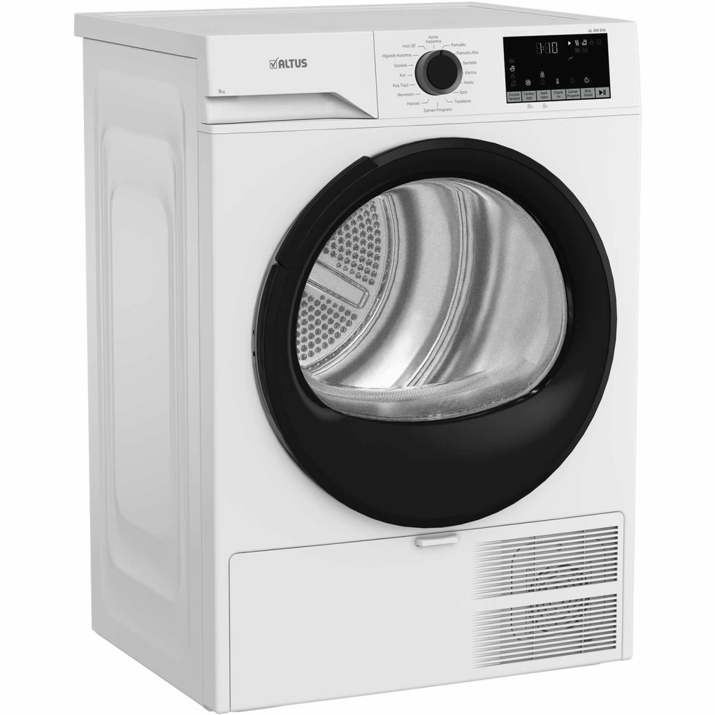 Siyah kapılı ve dijital ekranlı beyaz Altus kurutma makinesi. Kontrol kadranı bulunur.