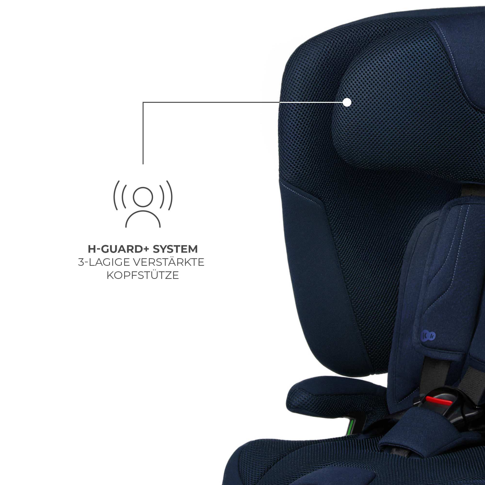 Dunkelblauer Kindersitz mit Kopfstütze und H-GUARD+ System.