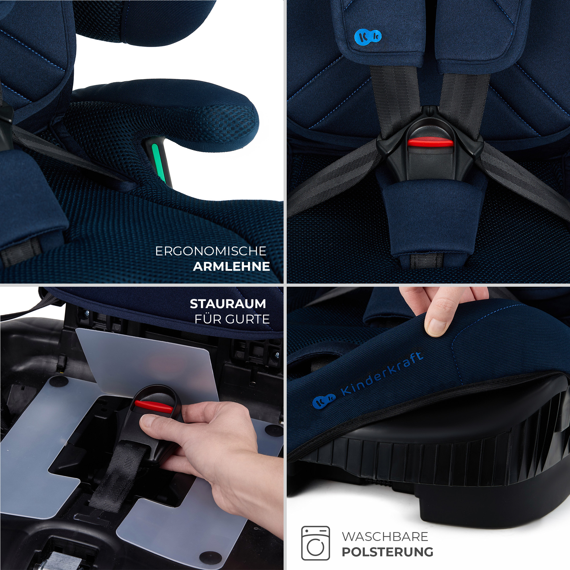 Detaillierte Ansicht eines blauen Kindersitzes mit Gurten und ergonomischer Armlehne.
