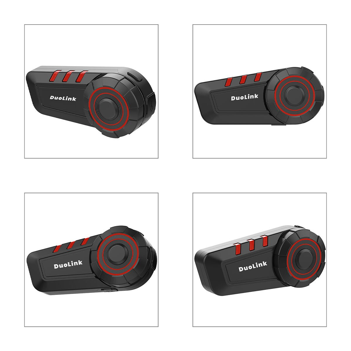 Kırmızı vurgular ve 'DuoLink' logosuna sahip dört siyah motosiklet Bluetooth kulaklığı.