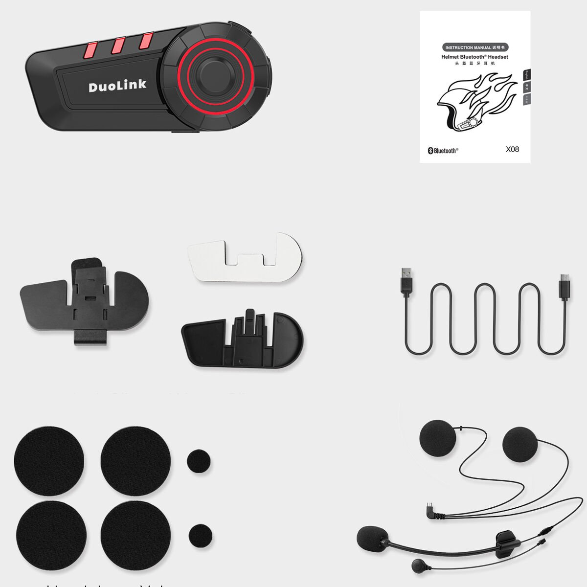 Aksesuarlı motosiklet kaskı Bluetooth kulaklık: kulaklık, klipsler, USB kablosu ve kılavuz.