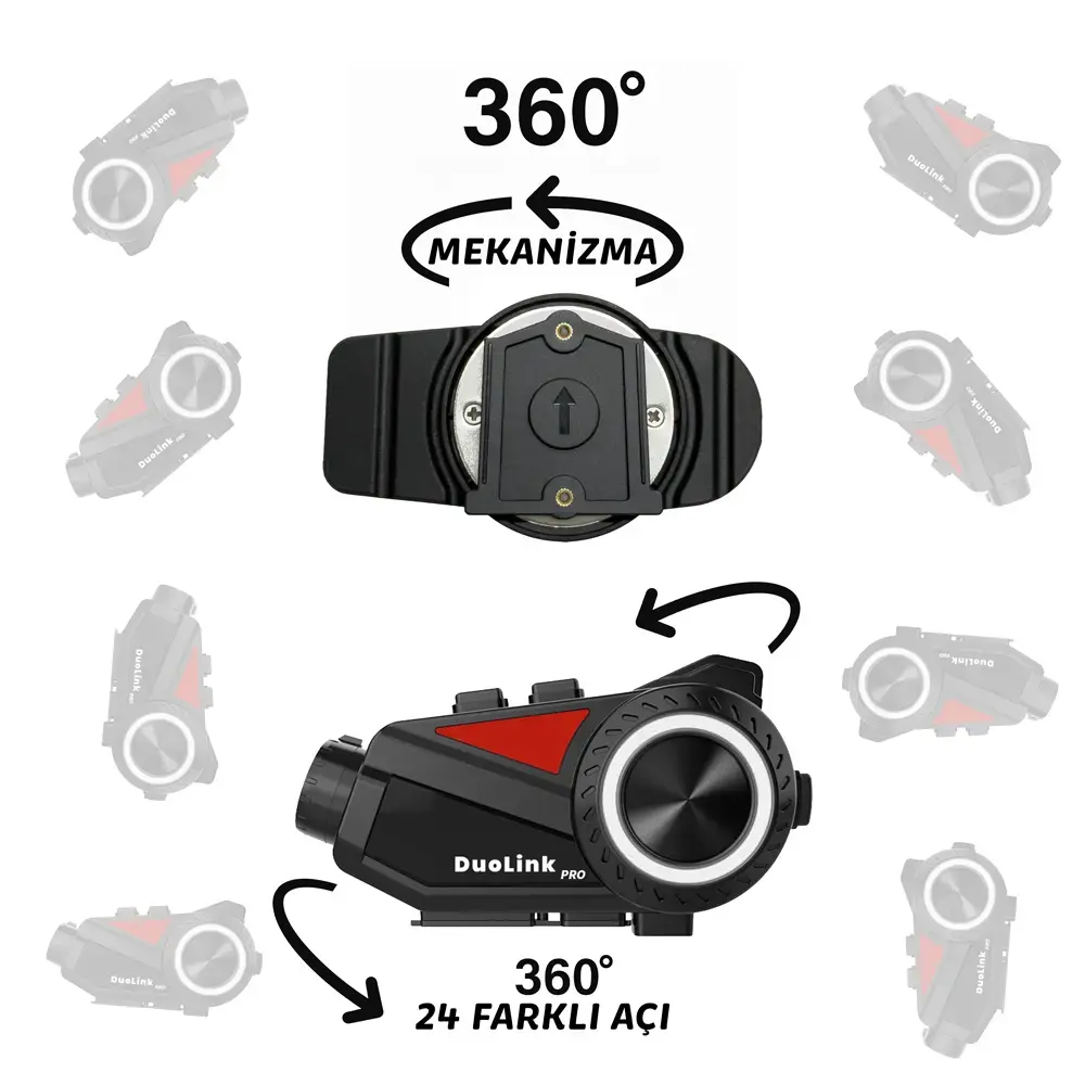 360 derecelik görünümlere sahip siyah ve kırmızı DuoLink PRO motosiklet iletişim sistemi.