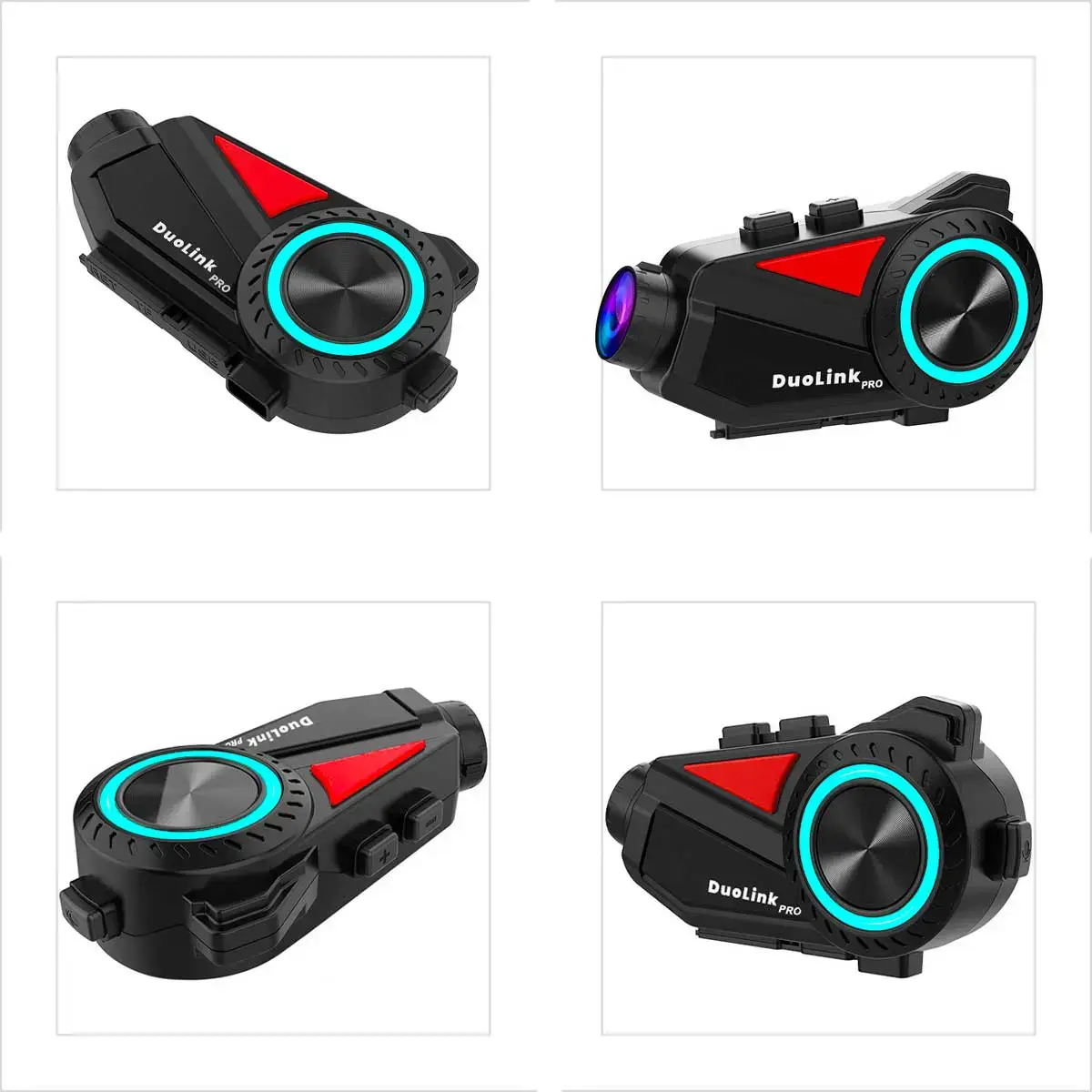 Kırmızı vurgulu ve mavi LED halkalı siyah motosiklet iletişimcisi.