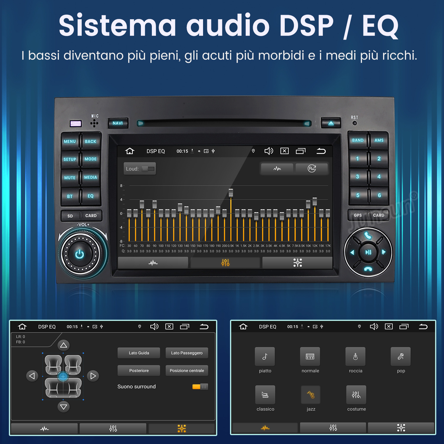 Sistema audio per auto con menu DSP/EQ, barre equalizzatore, manopola volume e display impostazioni.