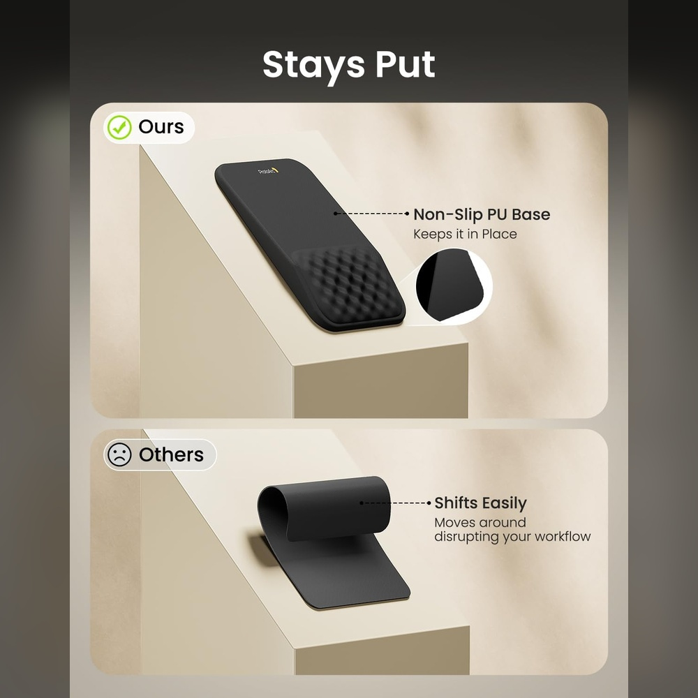 Black non-slip wrist rest lies flat, while another curves. Stays Put vs Shifts Easily.