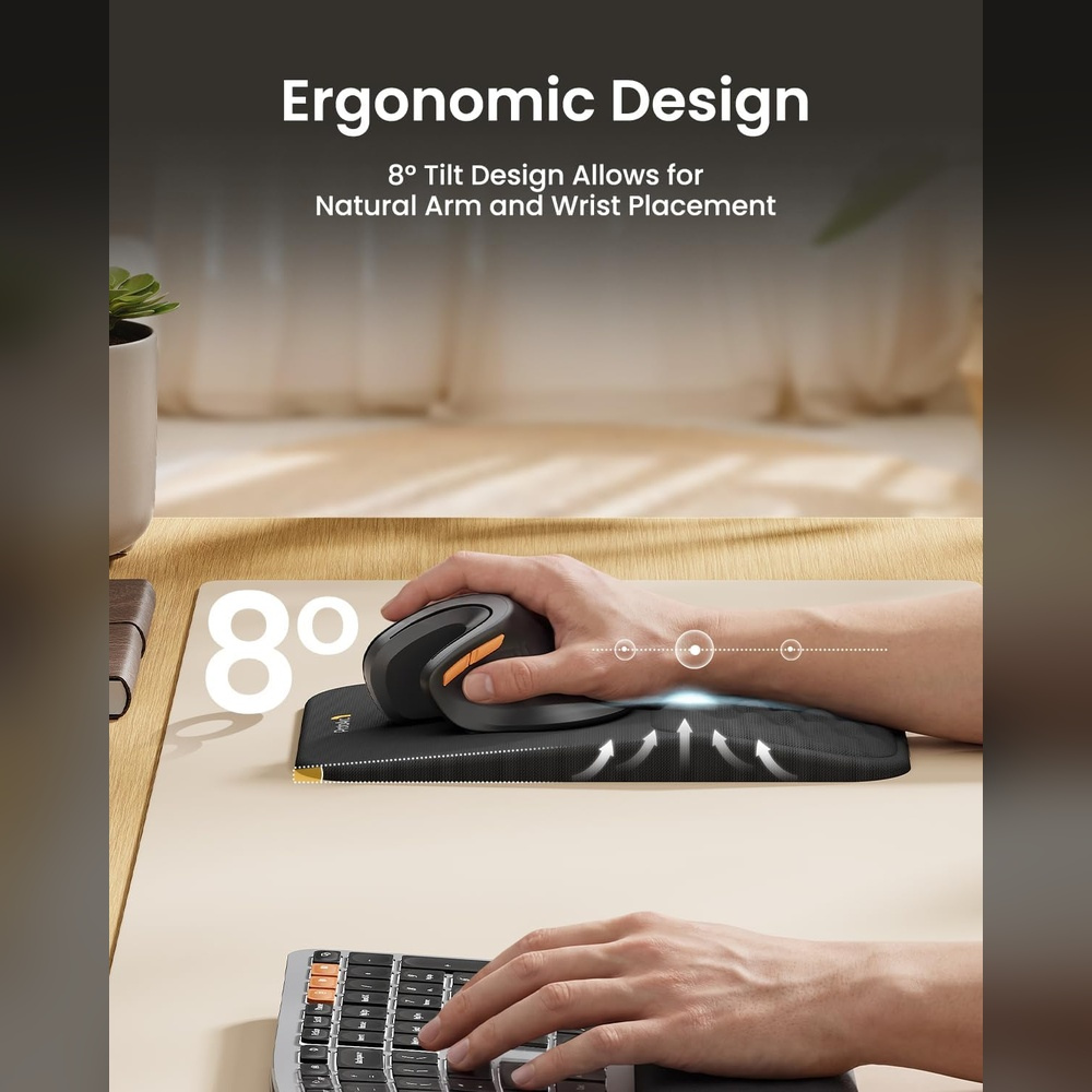 Ergonomic mouse with 8 degree tilt and wrist rest.