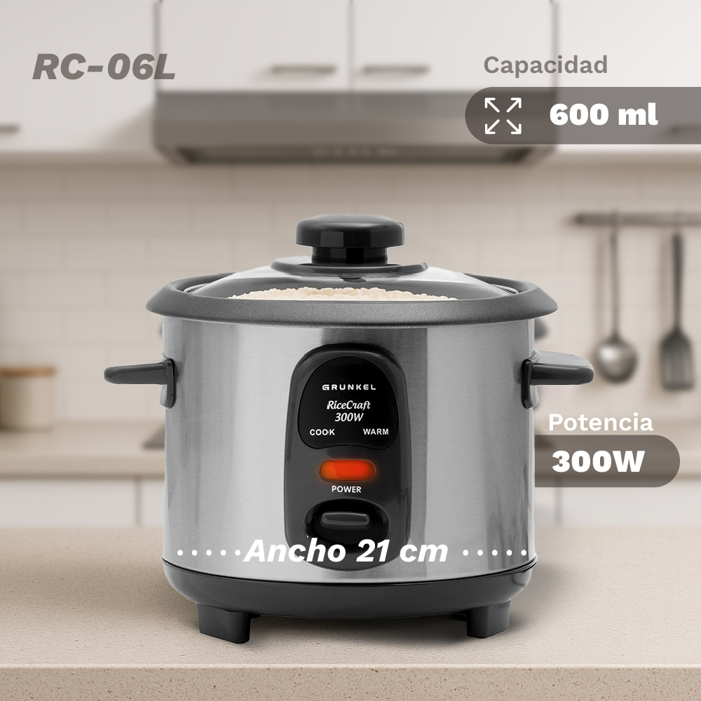 Una arrocera plateada Grunkel RiceCraft 300W con tapa de cristal, capacidad 600ml.