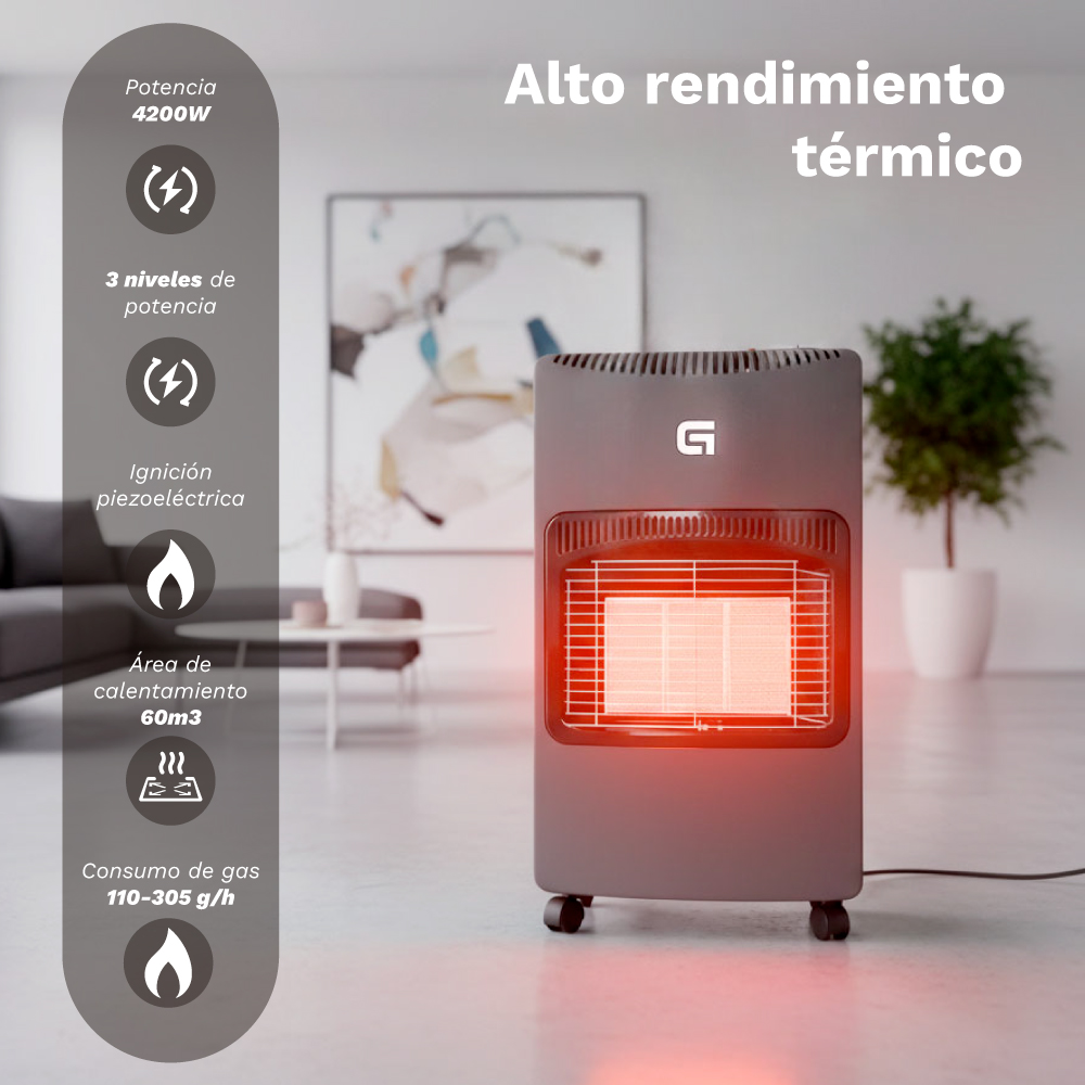 Un calentador de gas gris con elemento calefactor rojo brillante en una sala de estar moderna.