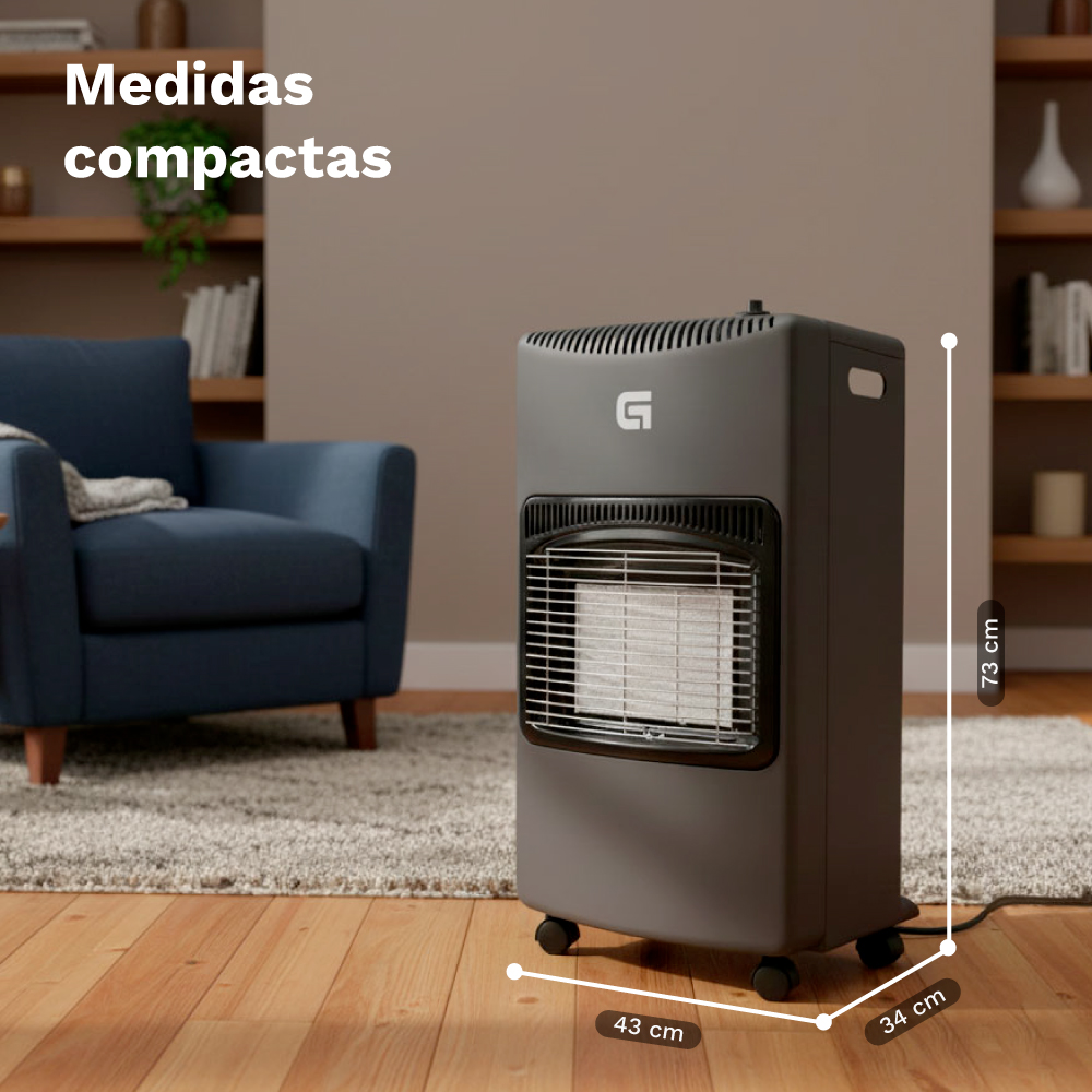 Un calentador de gas gris con ruedas junto a un sillón azul. Se indican las dimensiones.