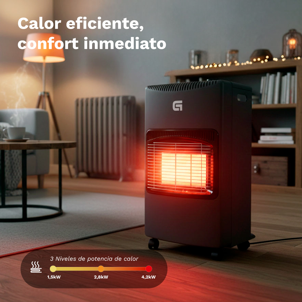 Un calefactor oscuro con rejilla incandescente en una sala. Abajo hay una escala.