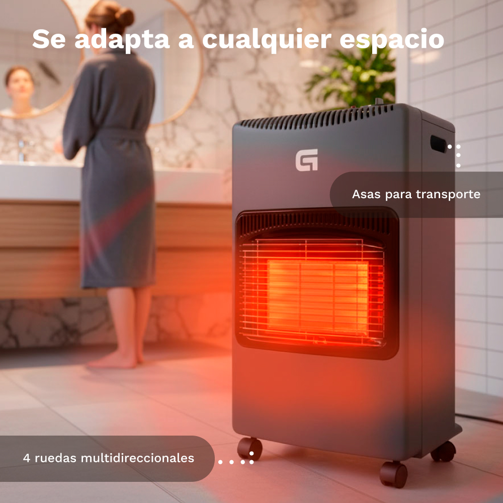 Un calentador gris con elemento calefactor rojo brillante, ruedas y asas.