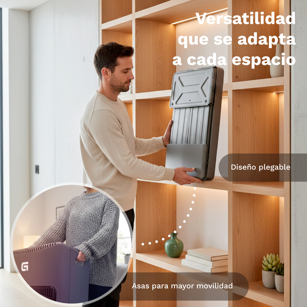 Hombre coloca dispositivo gris plegable en estante de librería.