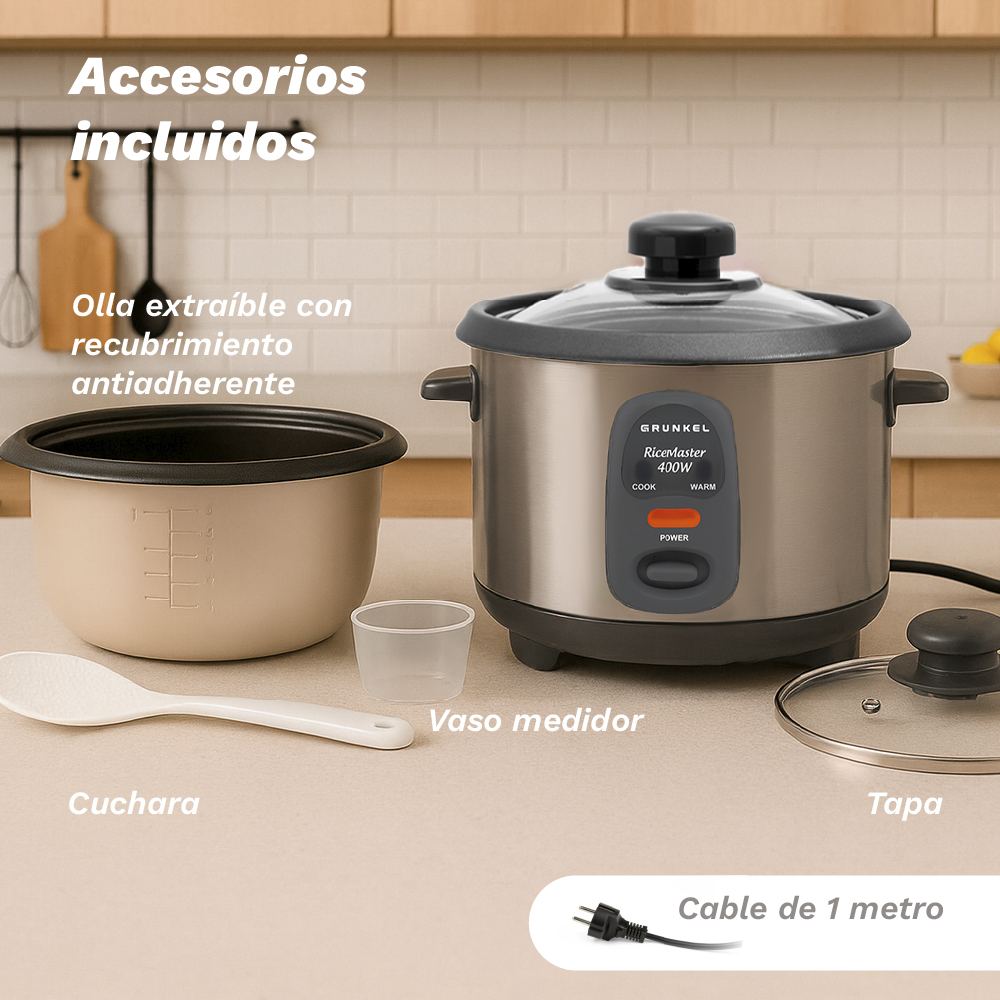Olla arrocera con olla antiadherente extraíble, cuchara, vaso medidor, tapa y cable.