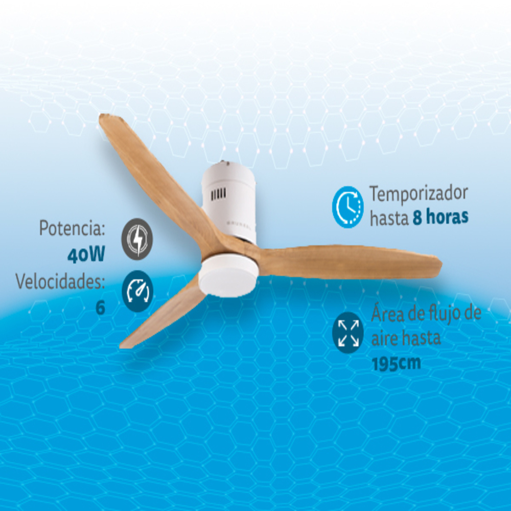 Ventilatore da soffitto con pale in legno, 40W, 6 velocità, timer 8h.