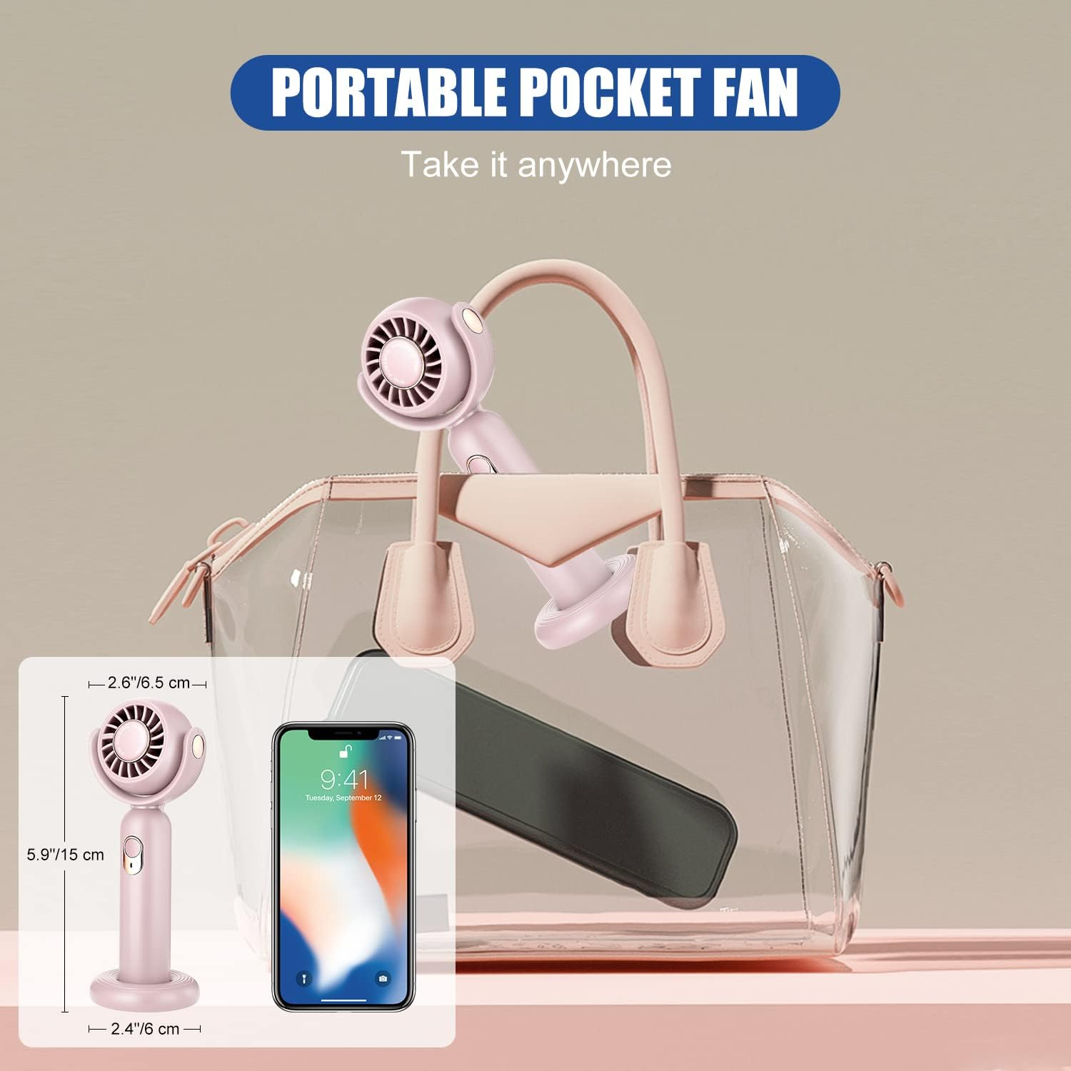 Ein rosafarbener Handventilator neben einem Smartphone und einer Tasche.