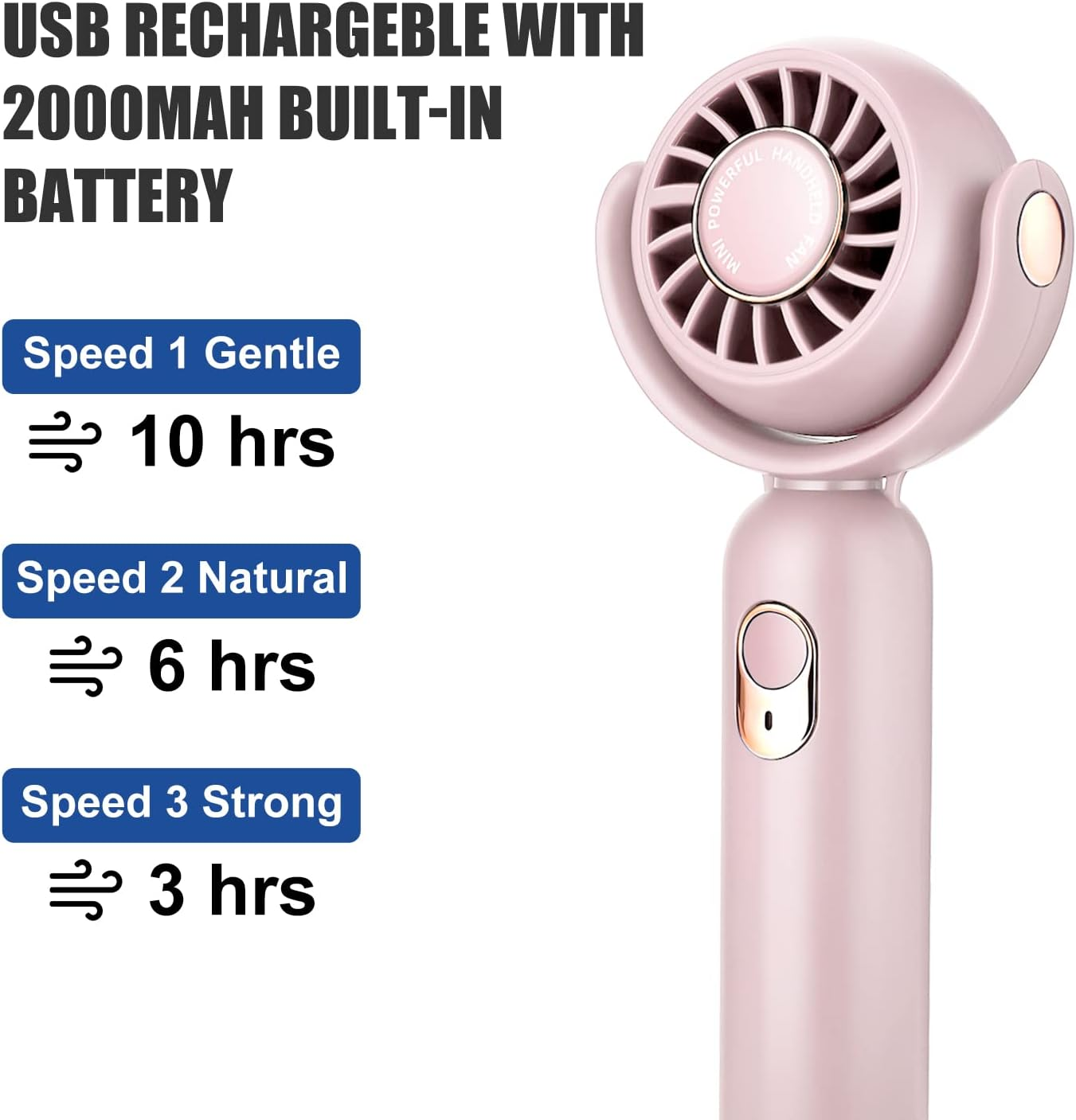 Pinker USB-wiederaufladbarer Ventilator mit 3 Stufen: Sanft (10 Std.), Natürlich (6 Std.), Stark (3 Std.).