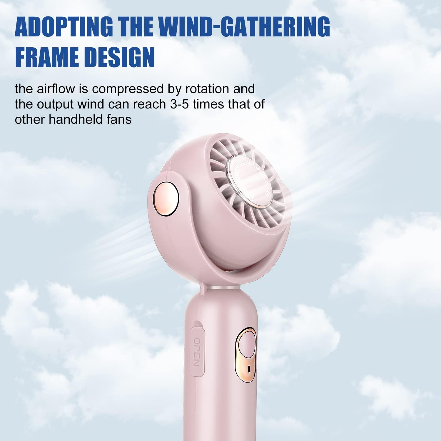 Ein rosa Handventilator mit Wind-Gathering-Rahmendesign vor einem blauen Himmel.