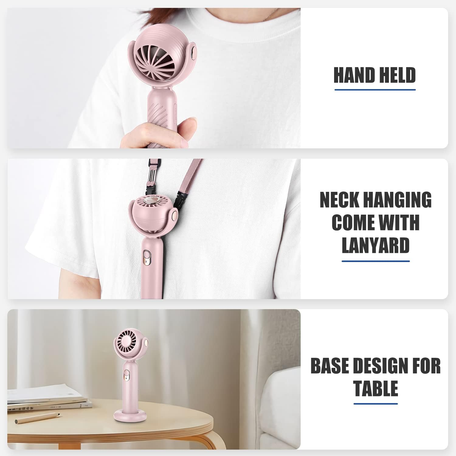 Pinker tragbarer Ventilator, gehalten, um den Hals gehängt und auf einem Tisch.