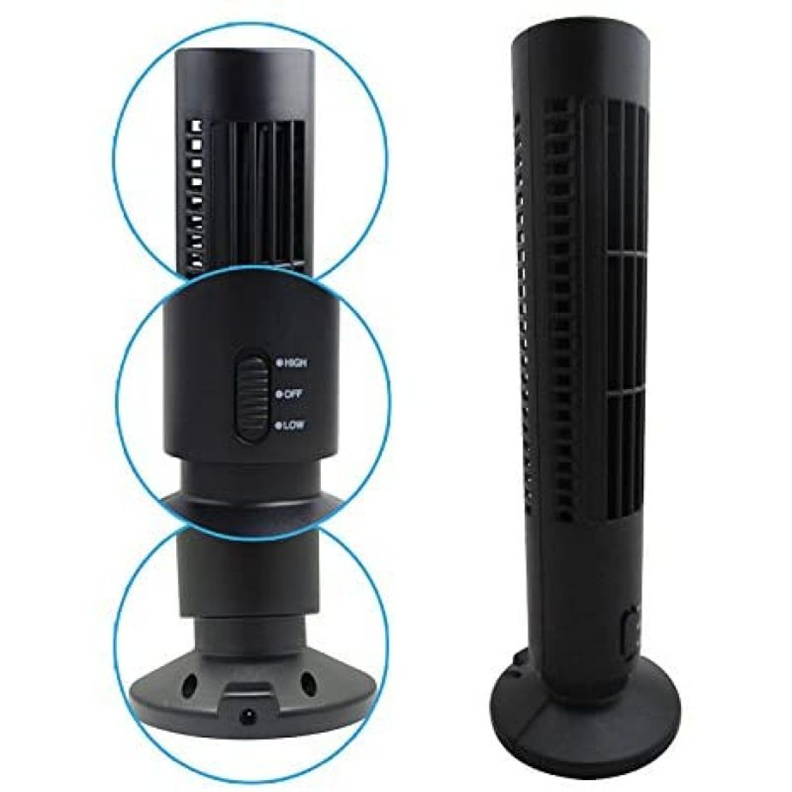 Ein schwarzer Turmventilator mit Bedienelementen wird gezeigt.