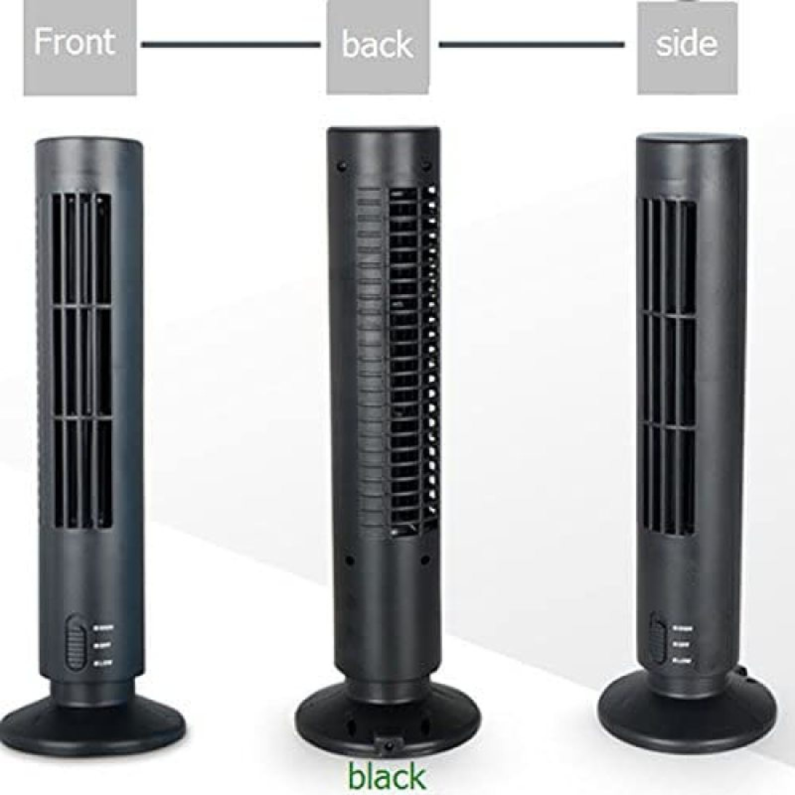 Drei schwarze Turmventilatoren nebeneinander. Links ist die Vorderseite, Mitte die Rückseite, rechts die Seite.