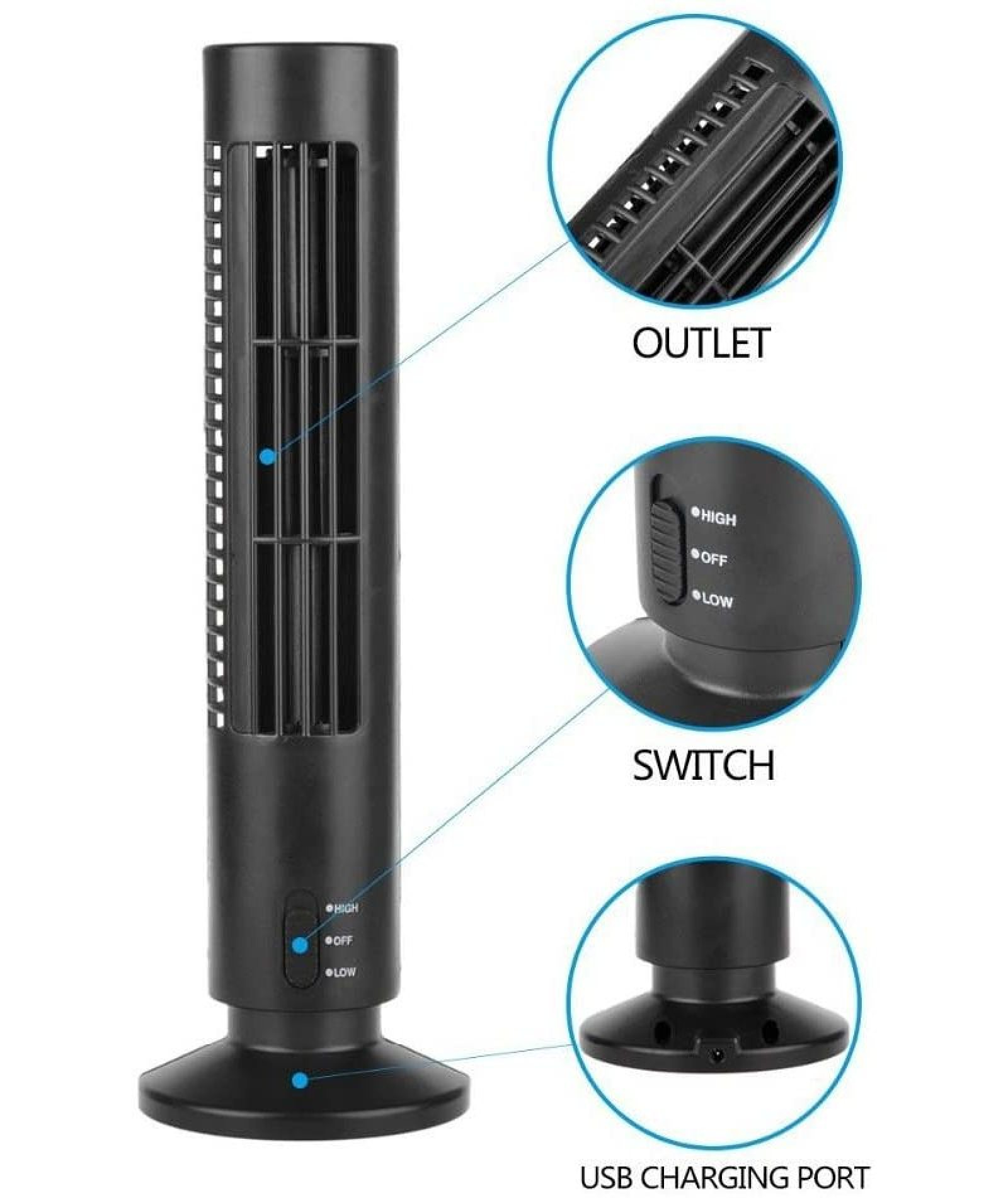 Schwarzer Turmventilator mit drei Bedienelementen: Lüftungsschlitz, Schalter und USB-Ladeanschluss.