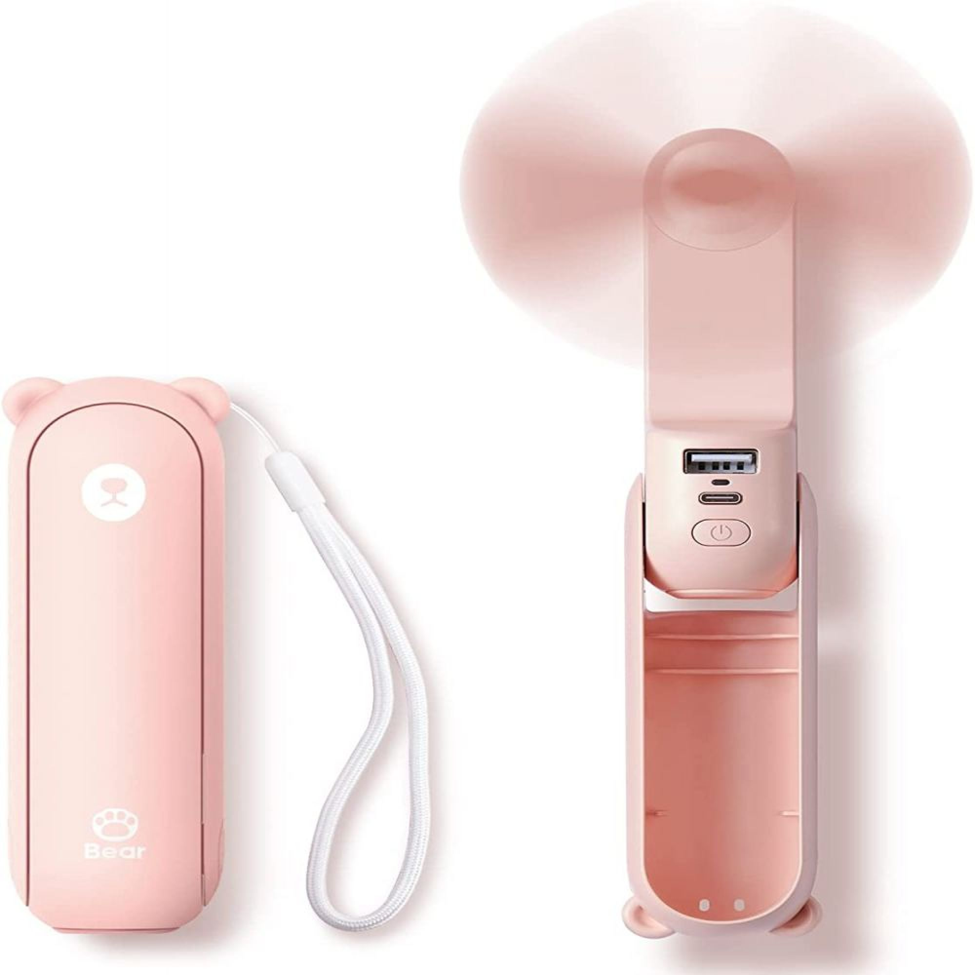 Ein rosafarbener faltbarer Lüfter mit USB-Anschluss und ein passendes Gehäuse mit Bärenohren.