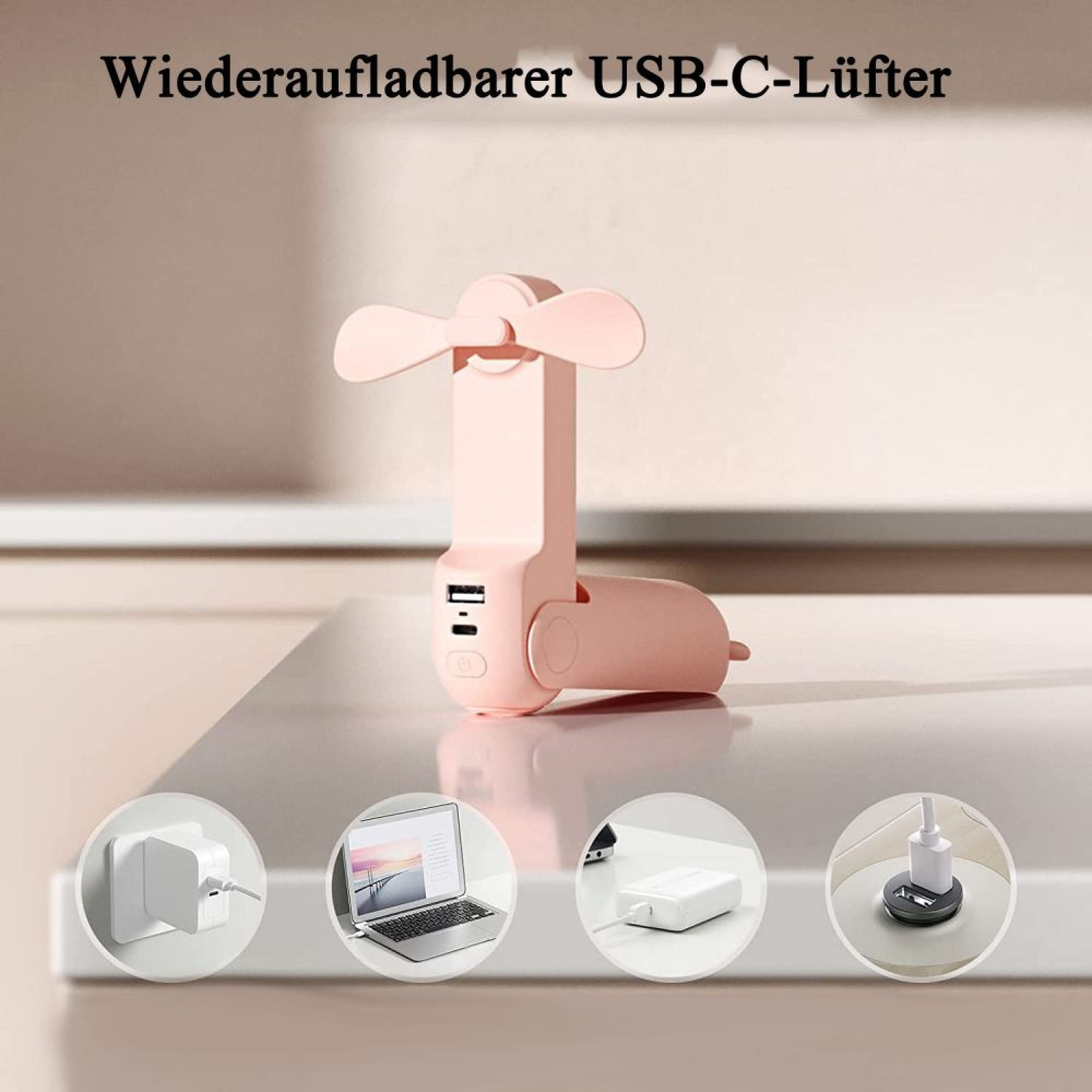 Ein rosa USB-C-Lüfter mit vier Ladeoptionen: Netzstecker, Laptop, Powerbank, Ladeadapter.