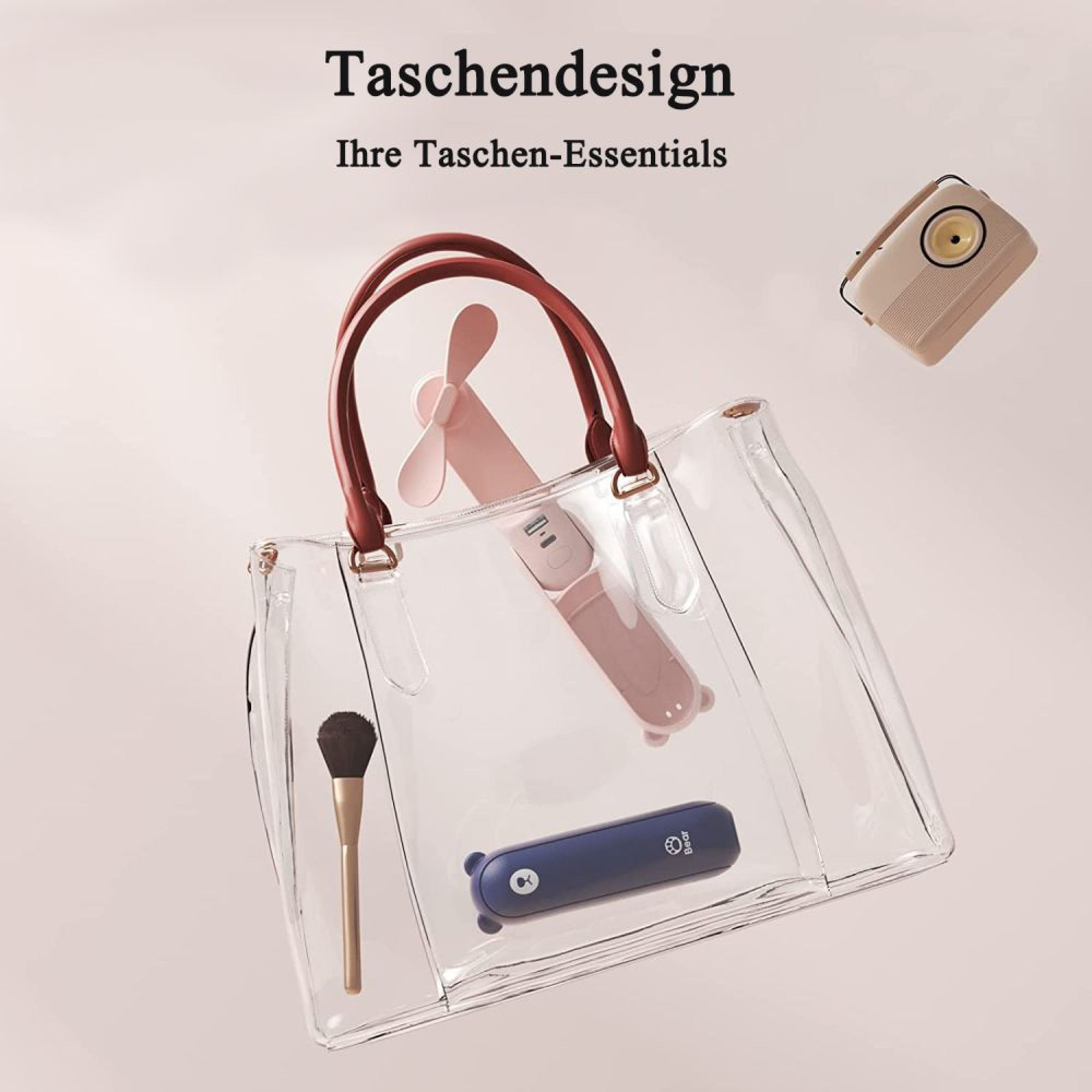 Transparente Tasche mit Kosmetikpinsel, pinkem und blauem Lüfter. Beige Lautsprecher.