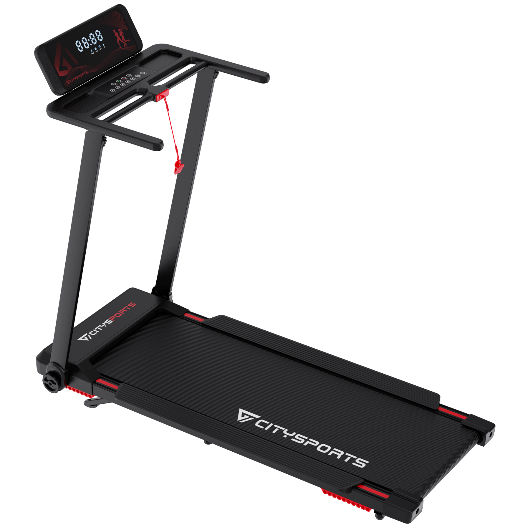 A black treadmill with a red emergency stop cord and a digital display.