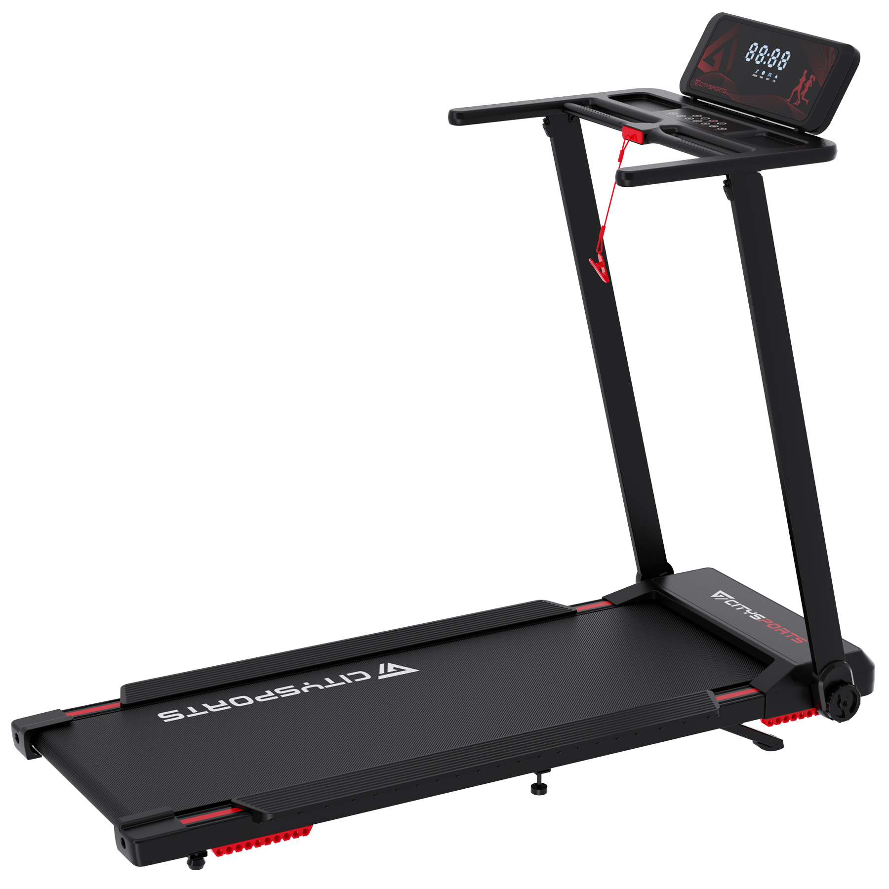 Black treadmill with red emergency stop cord and digital display.