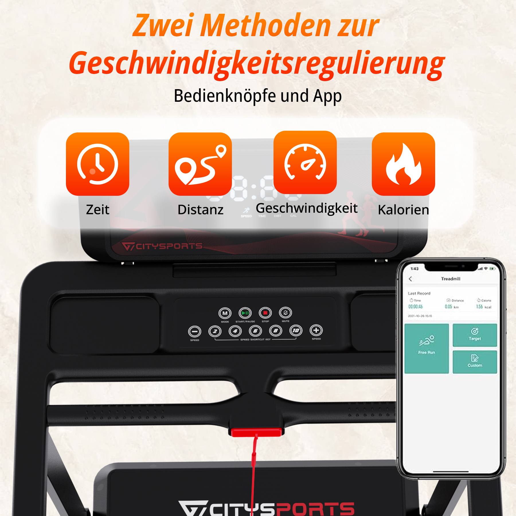 Ein Laufband mit Bedienfeld und Smartphone-App, die Zeit, Distanz, Geschwindigkeit und Kalorien anzeigt.