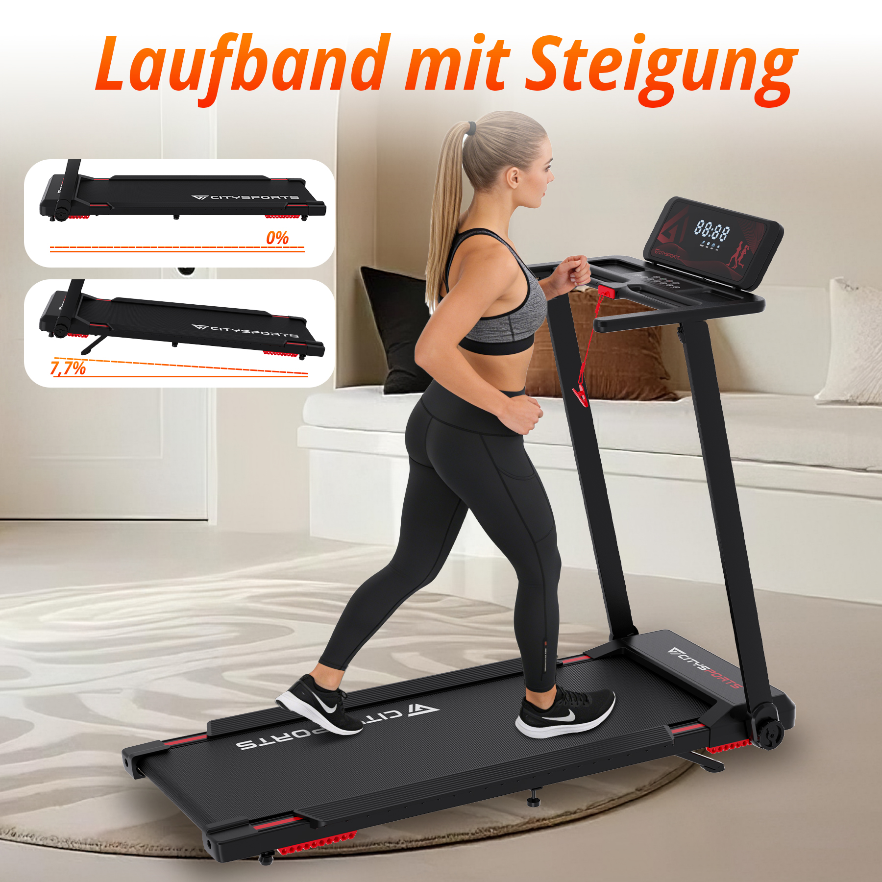 Eine Frau auf einem Laufband mit Steigungsanzeige und seitlichen Detailaufnahmen.