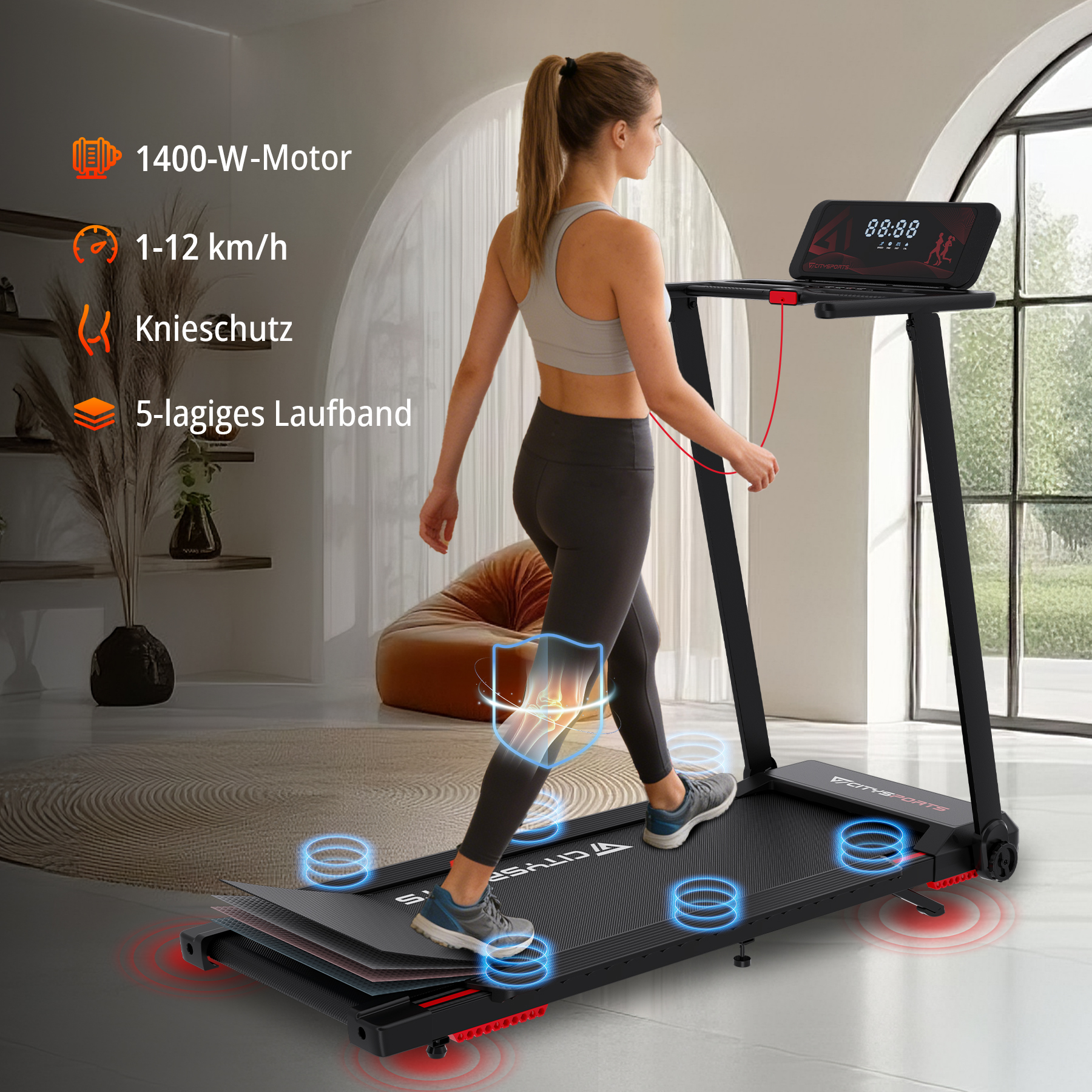 Frau auf Laufband mit 1400W Motor, 1-12 km/h, Knieschutz und 5-lagigem Band.