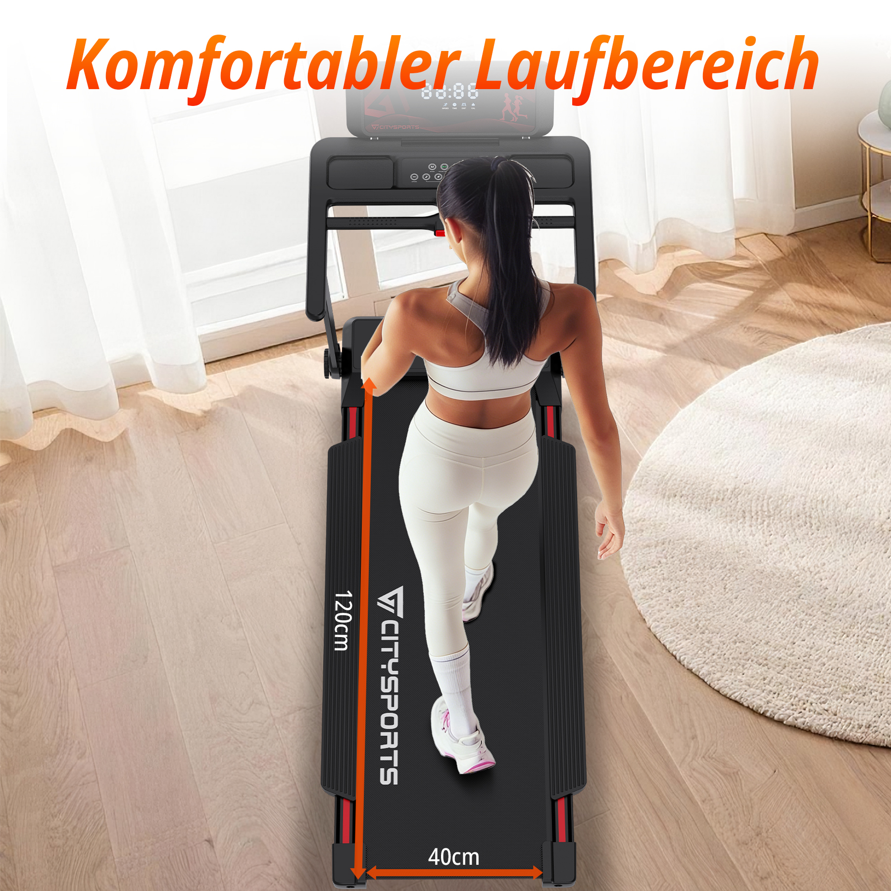 Frau läuft auf Laufband mit Maßen 120x40cm. Text: Komfortabler Laufbereich.