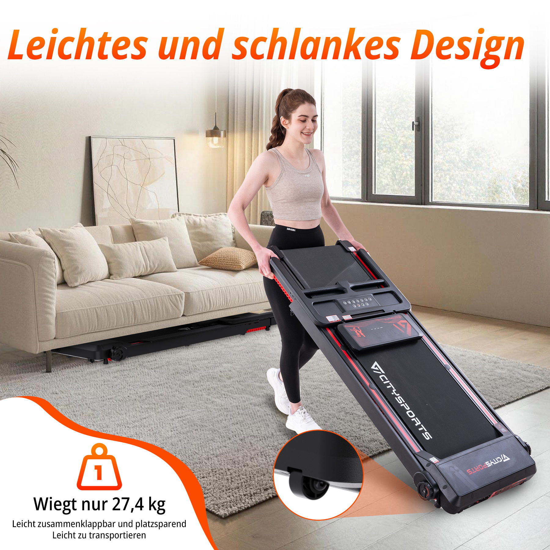 Frau zieht einen leichten, zusammenklappbaren Laufband in einem Wohnzimmer.