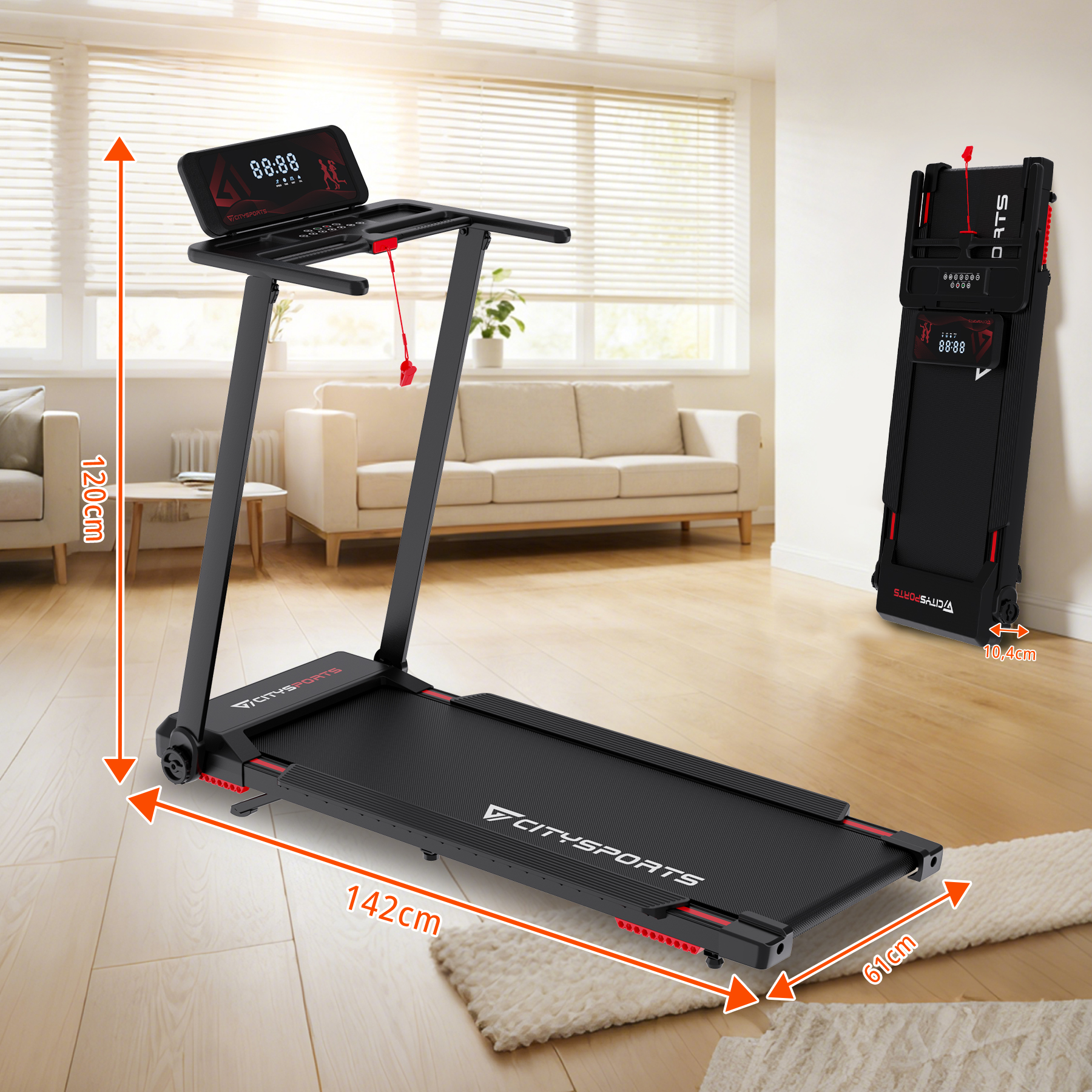 Black treadmill in a living room, measuring 142x61x120cm.