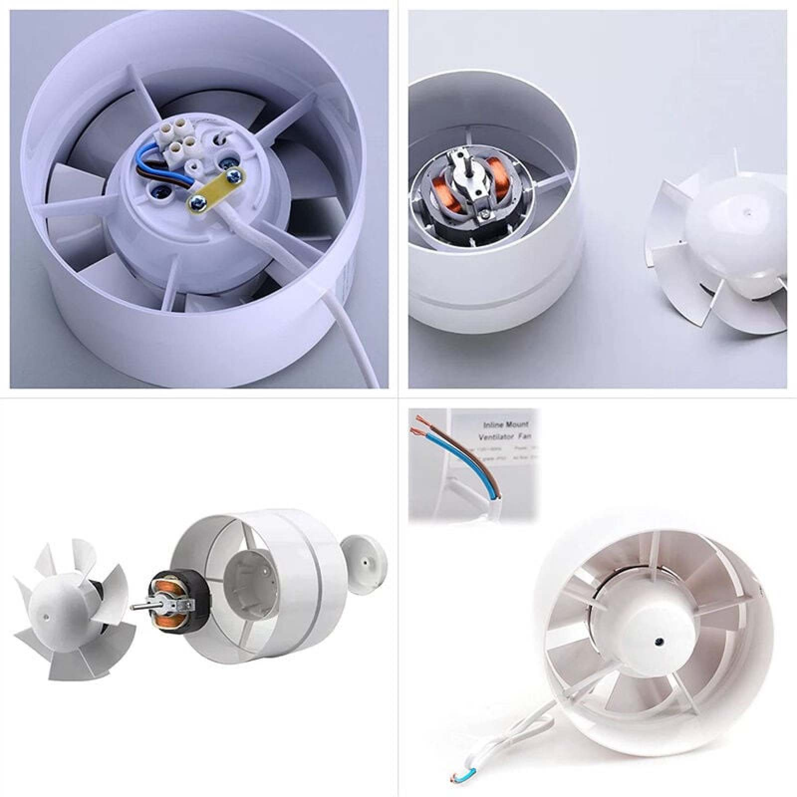 Ein weißer Inline-Ventilator mit freiliegendem Motor und Kabeln.