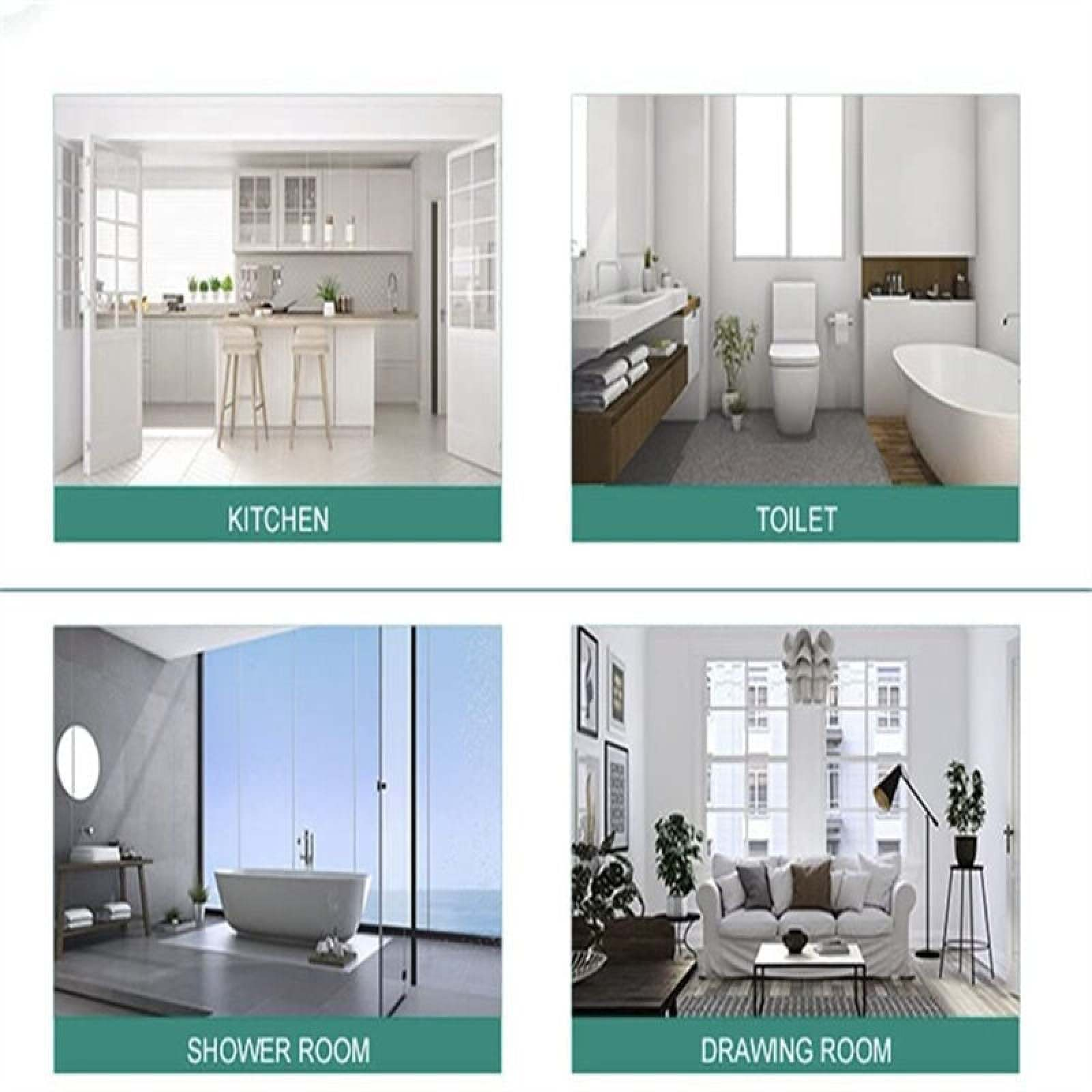 Eine Küche, ein Badezimmer, ein Duschraum und ein Wohnzimmer.