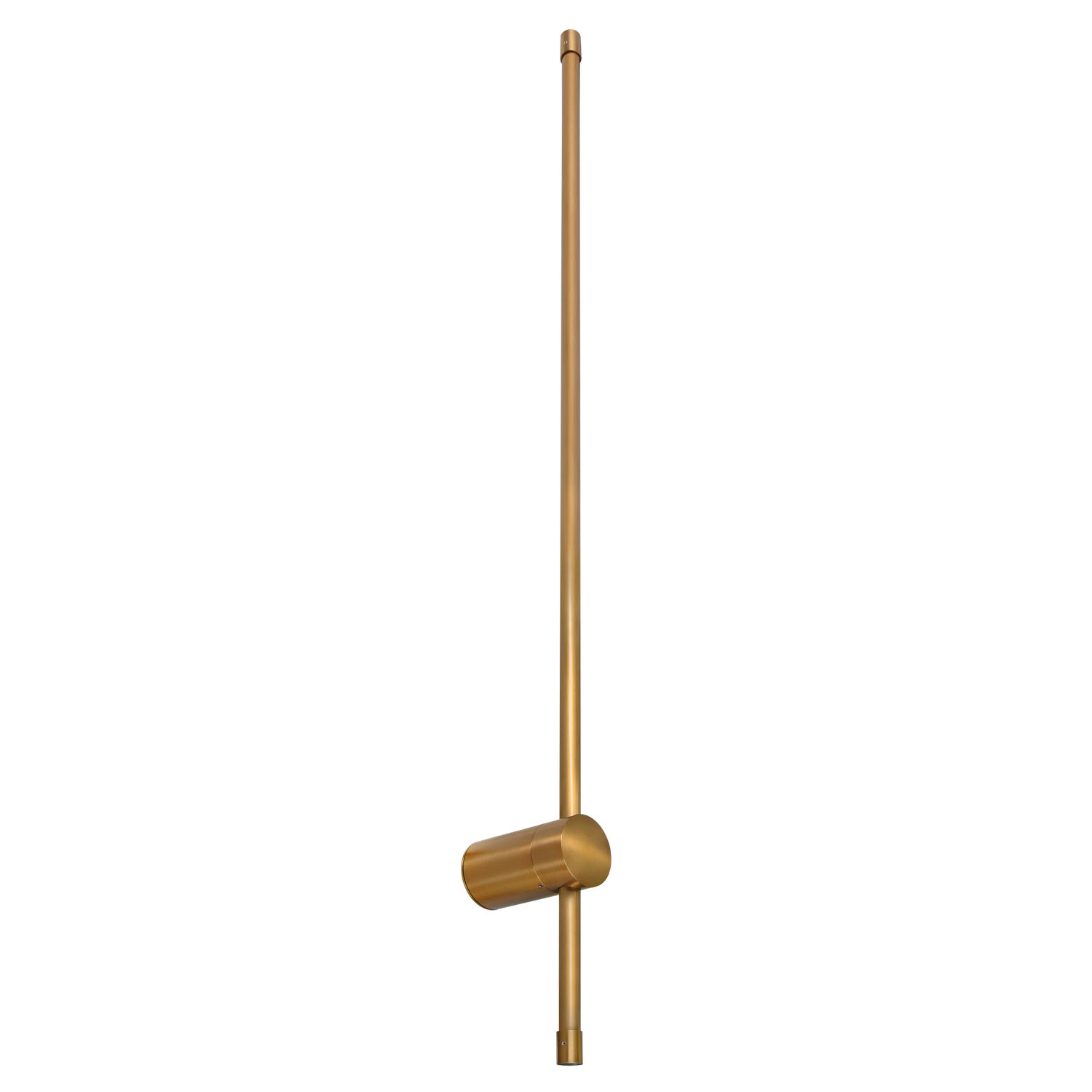 Eine goldene Leuchte mit einem zylindrischen Lampenkopf an einem vertikalen Stab.
